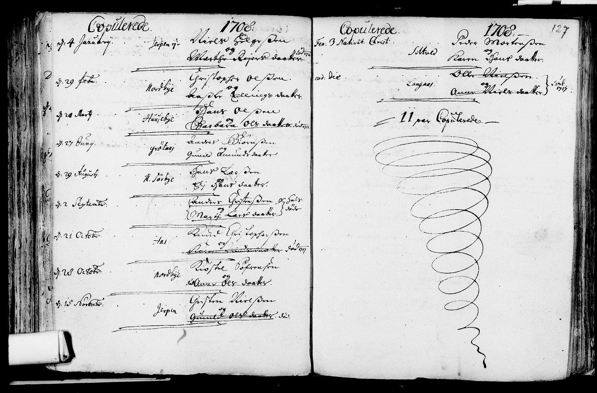 Våle kirkebøker, SAKO/A-334/F/Fa/L0002: Parish register (official) no. I 2, 1705-1732, p. 127