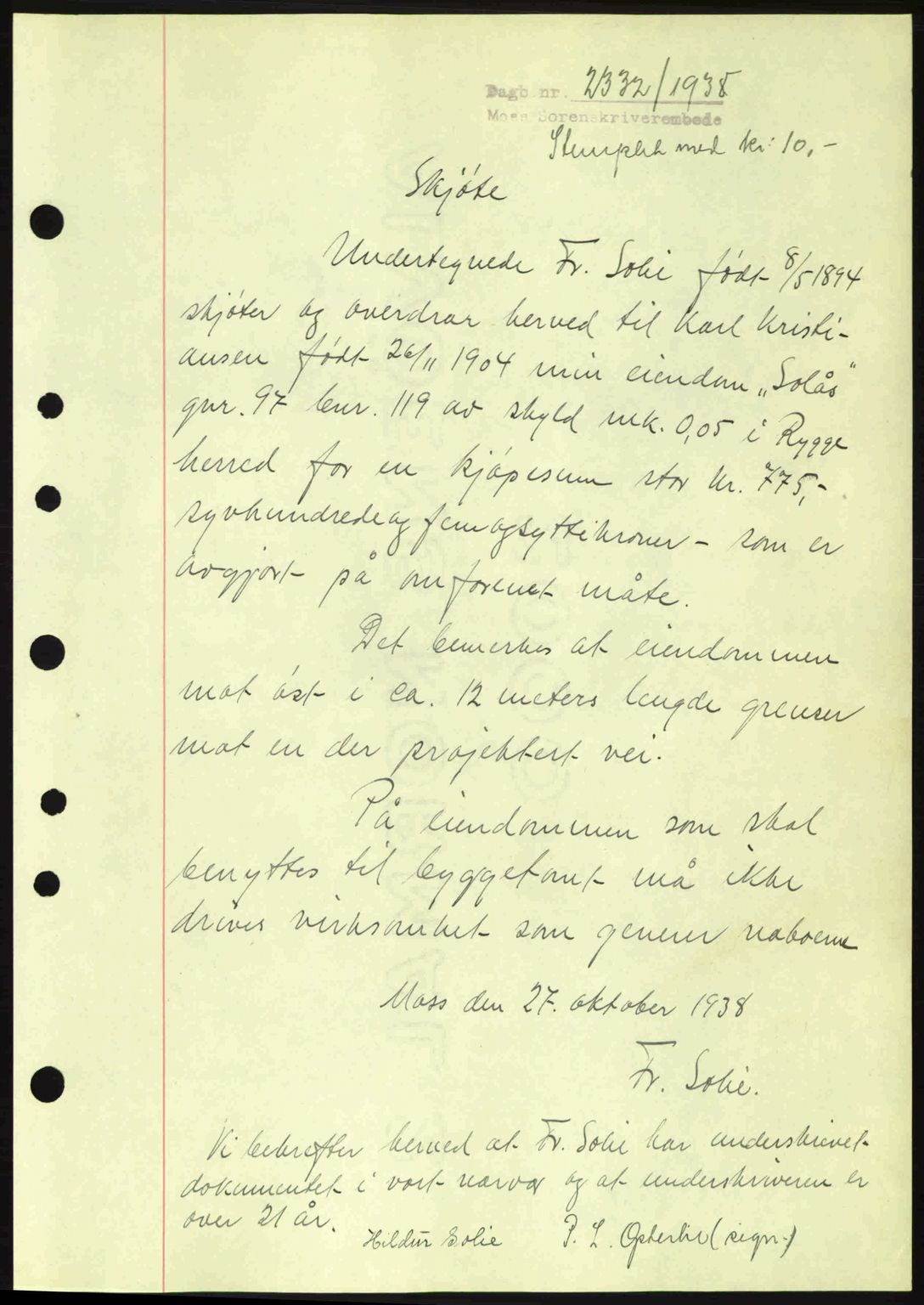 Moss sorenskriveri, SAO/A-10168: Mortgage book no. A5, 1938-1939, Diary no: : 2332/1938
