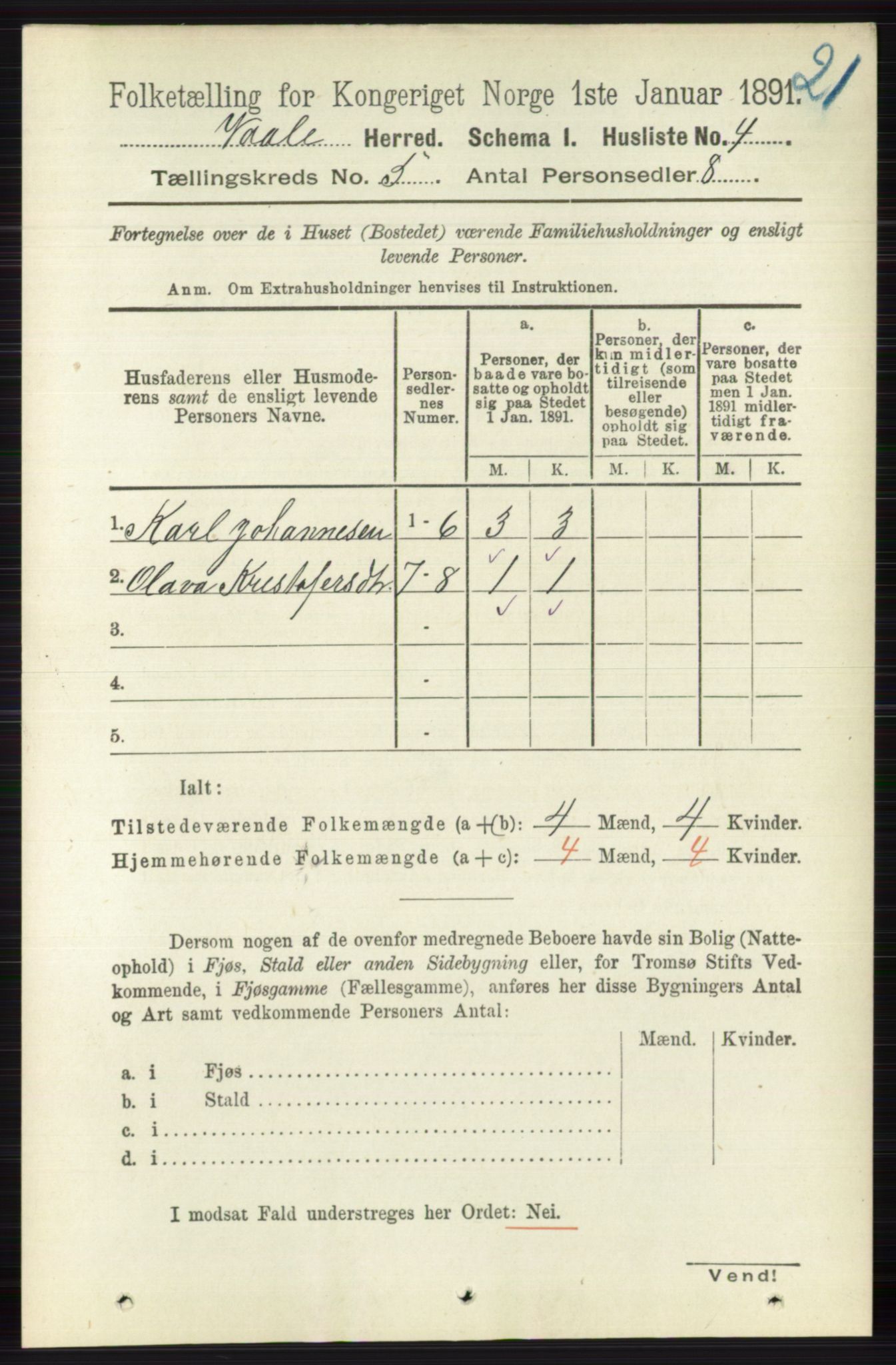 RA, 1891 census for 0716 Våle, 1891, p. 1303