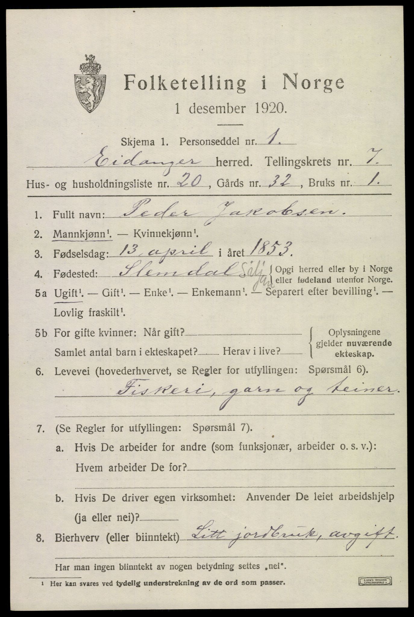 SAKO, 1920 census for Eidanger, 1920, p. 5430