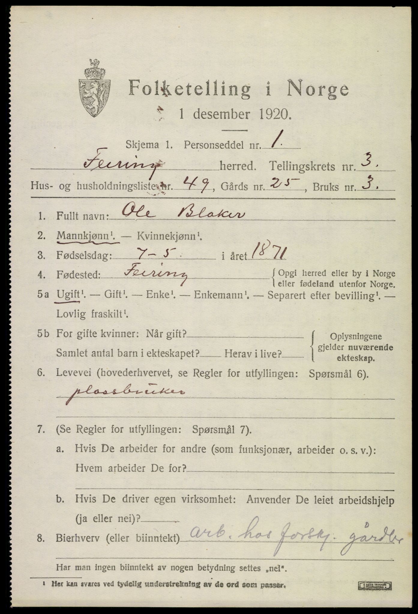 SAO, 1920 census for Feiring, 1920, p. 2176