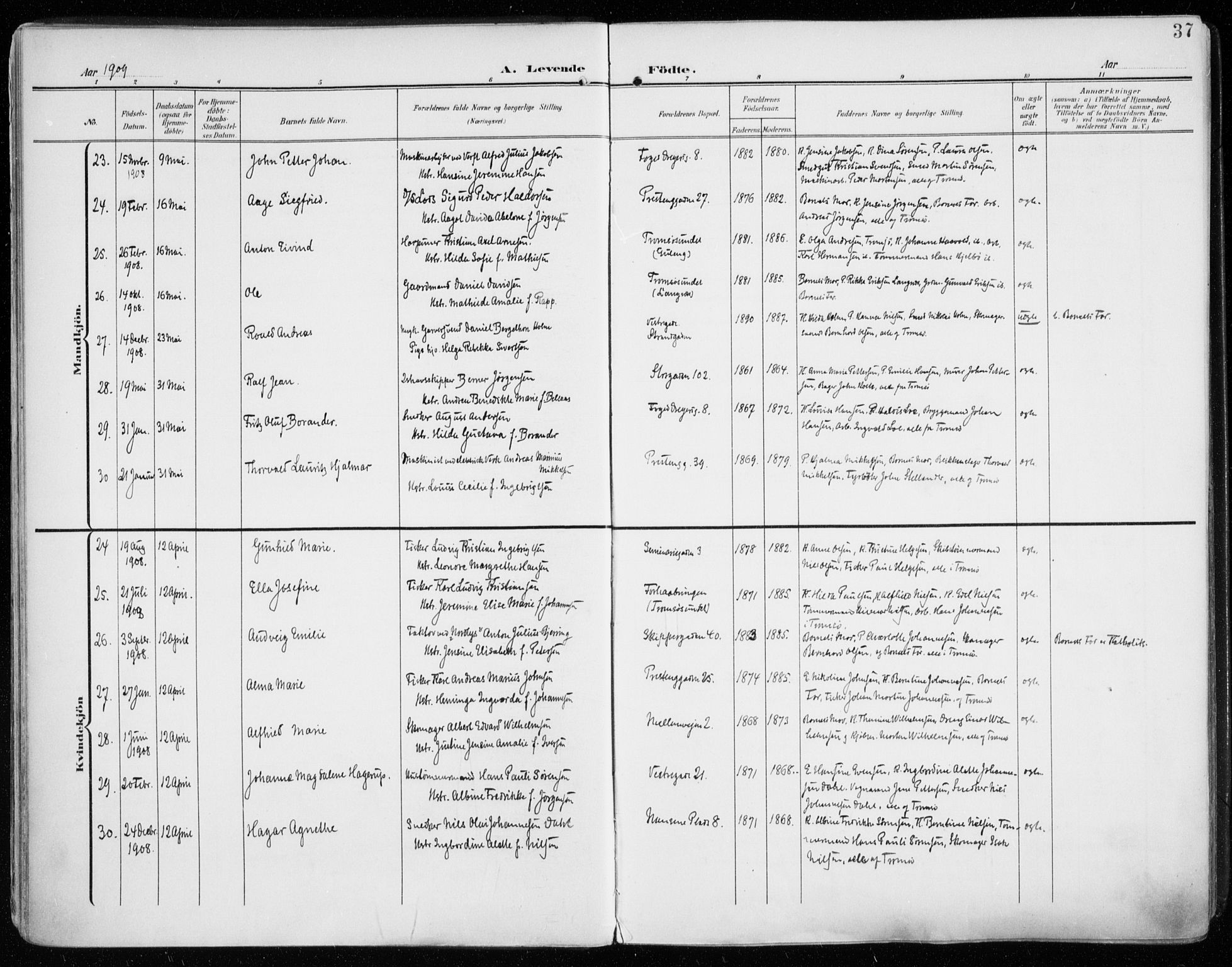 Tromsø sokneprestkontor/stiftsprosti/domprosti, SATØ/S-1343/G/Ga/L0017kirke: Parish register (official) no. 17, 1907-1917, p. 37