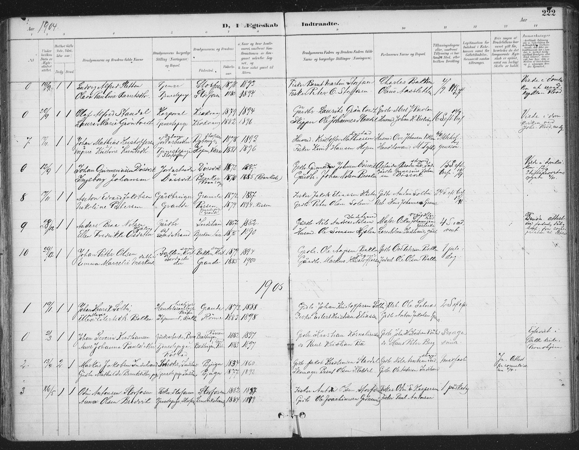 Ministerialprotokoller, klokkerbøker og fødselsregistre - Sør-Trøndelag, AV/SAT-A-1456/659/L0743: Parish register (official) no. 659A13, 1893-1910, p. 222