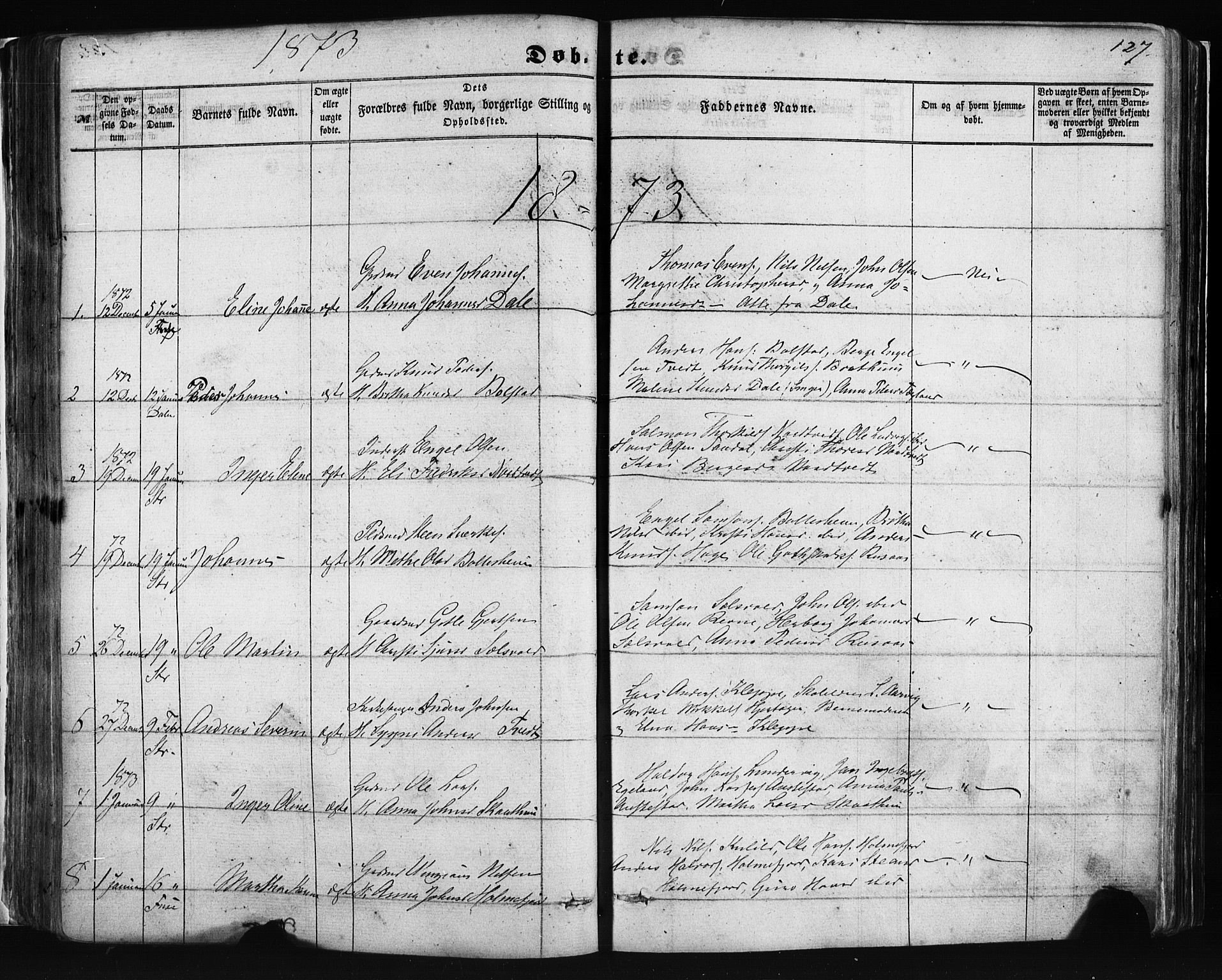 Fusa sokneprestembete, AV/SAB-A-75401/H/Haa: Parish register (official) no. A 1I, 1855-1879, p. 127