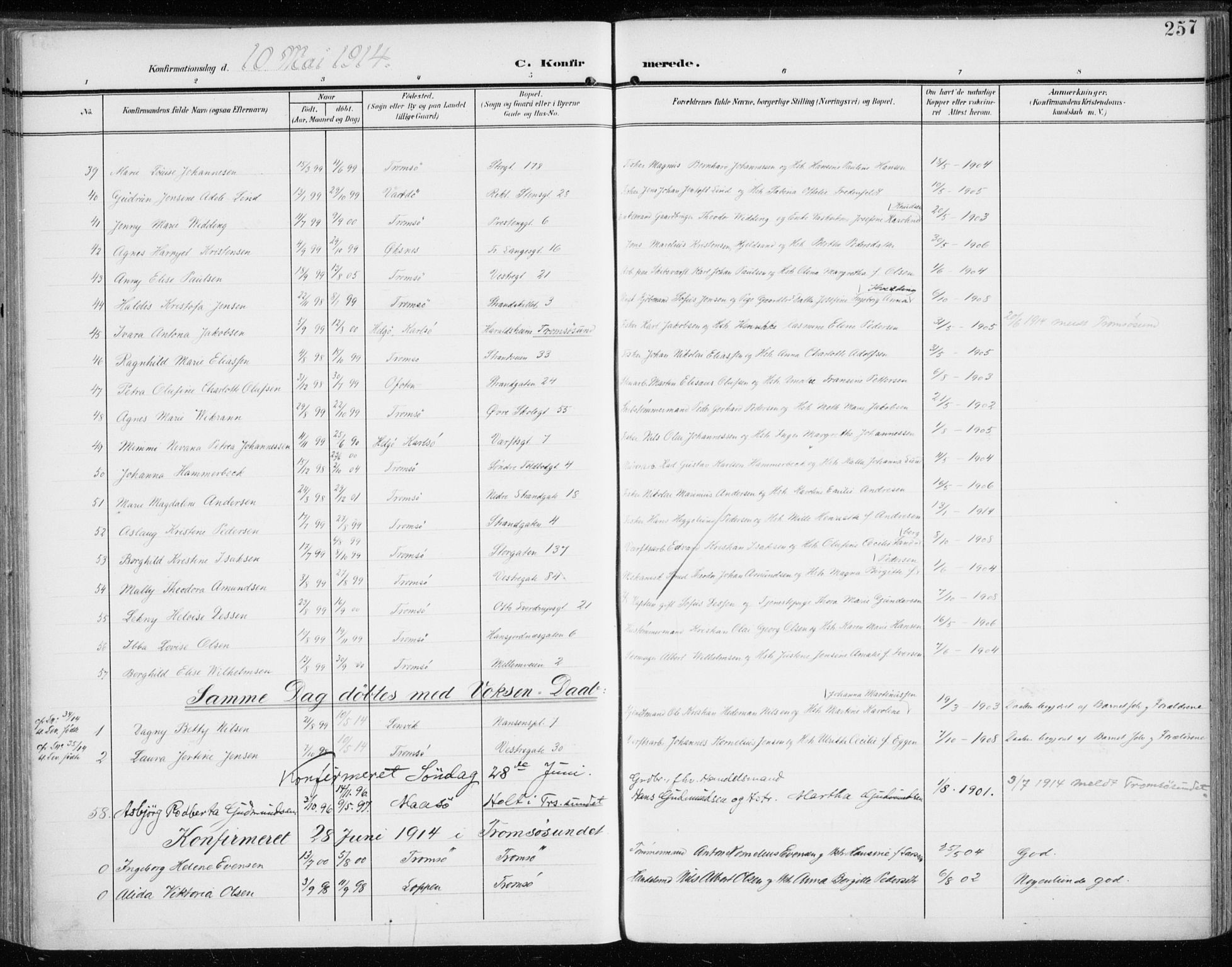 Tromsø sokneprestkontor/stiftsprosti/domprosti, AV/SATØ-S-1343/G/Ga/L0017kirke: Parish register (official) no. 17, 1907-1917, p. 257