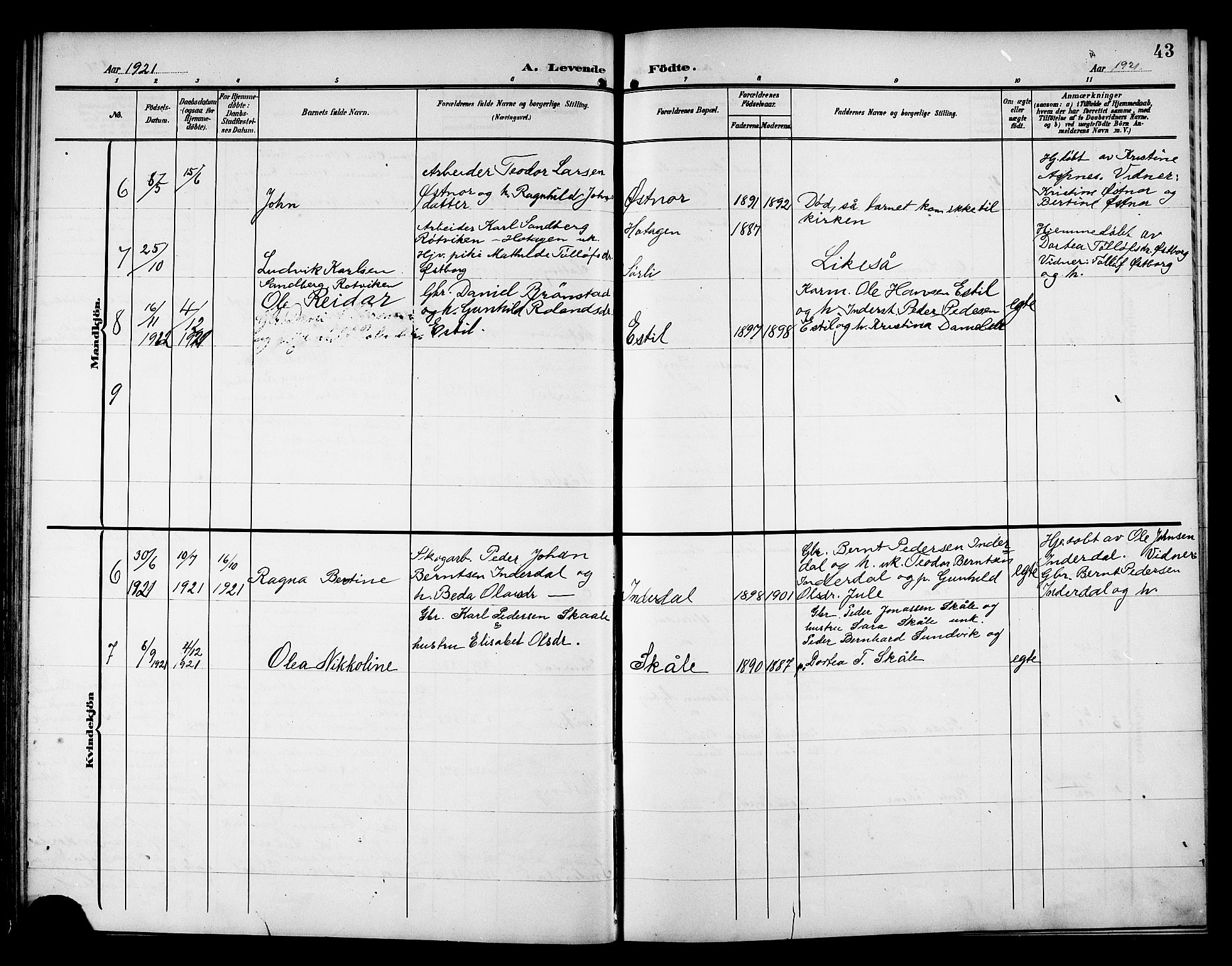 Ministerialprotokoller, klokkerbøker og fødselsregistre - Nord-Trøndelag, SAT/A-1458/757/L0506: Parish register (copy) no. 757C01, 1904-1922, p. 43
