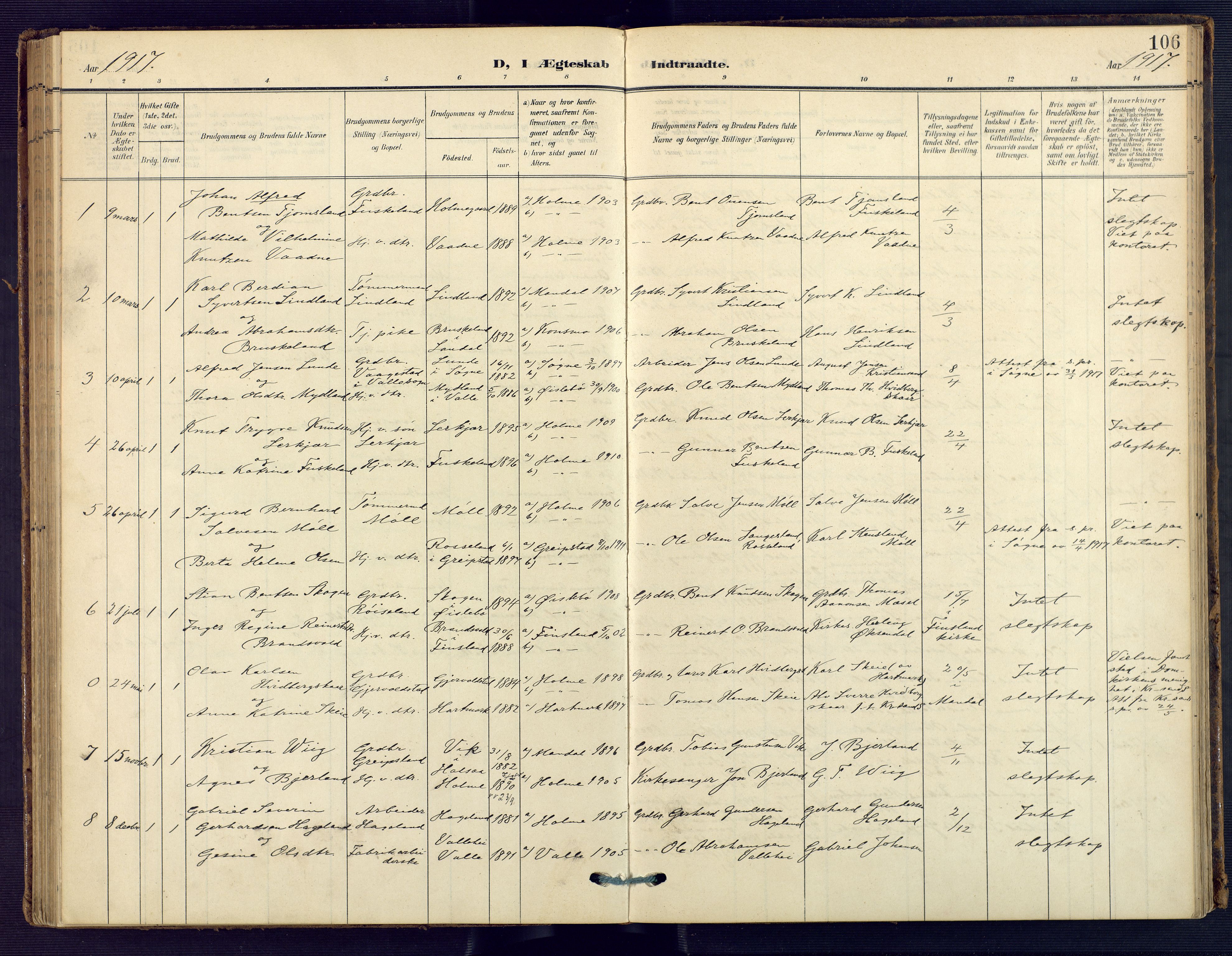 Holum sokneprestkontor, SAK/1111-0022/F/Fa/Faa/L0008: Parish register (official) no. A 8, 1908-1929, p. 106