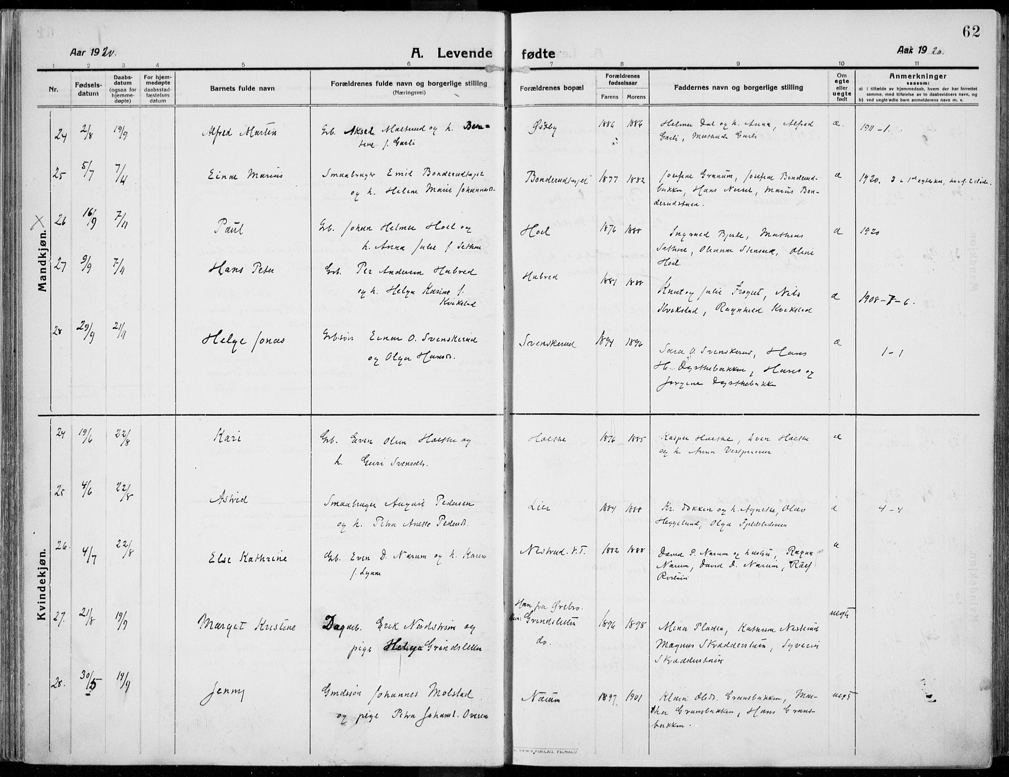 Kolbu prestekontor, SAH/PREST-110/H/Ha/Haa/L0002: Parish register (official) no. 2, 1912-1926, p. 62