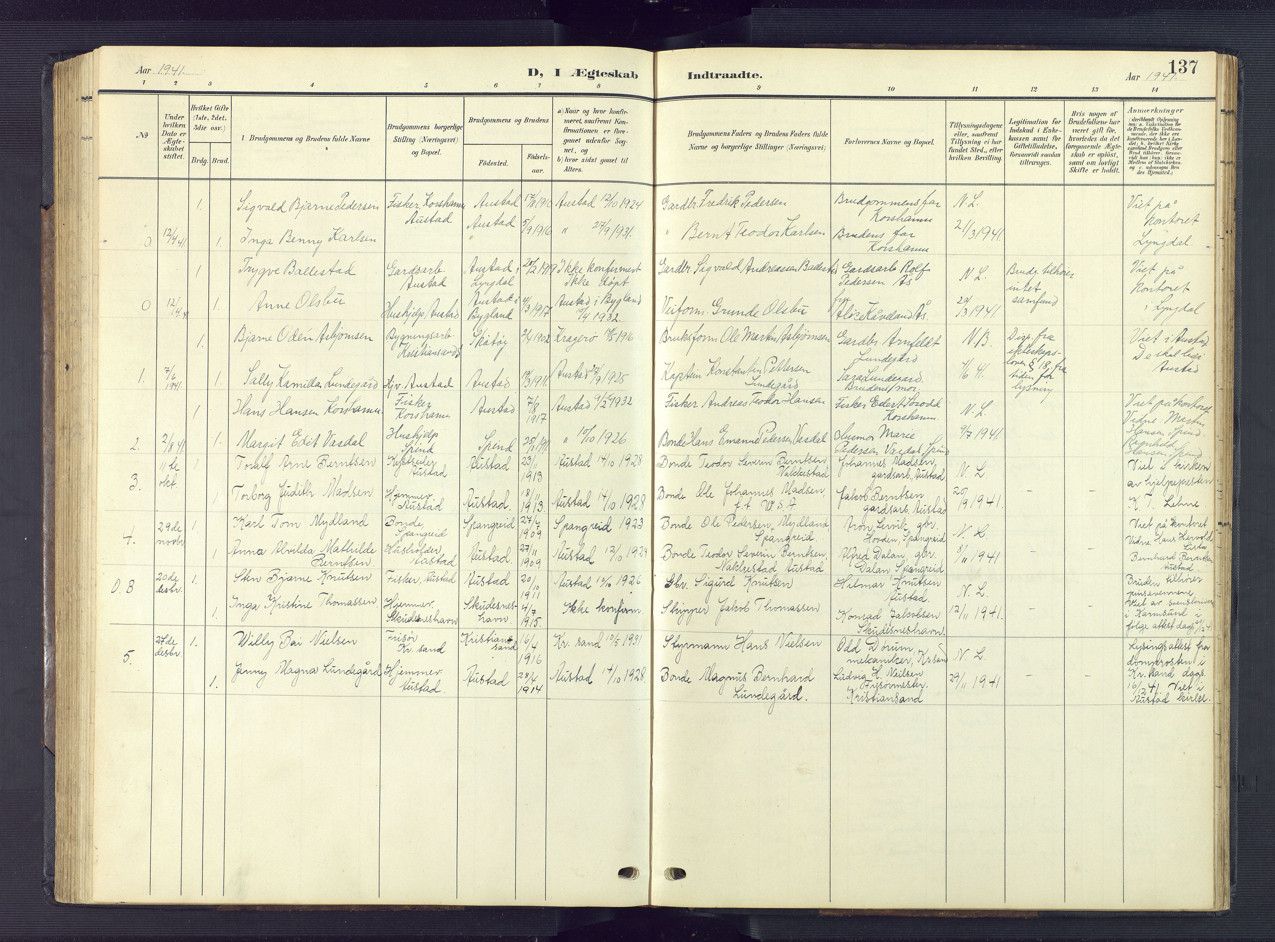 Lyngdal sokneprestkontor, AV/SAK-1111-0029/F/Fb/Fba/L0004: Parish register (copy) no. B 4, 1904-1950, p. 137