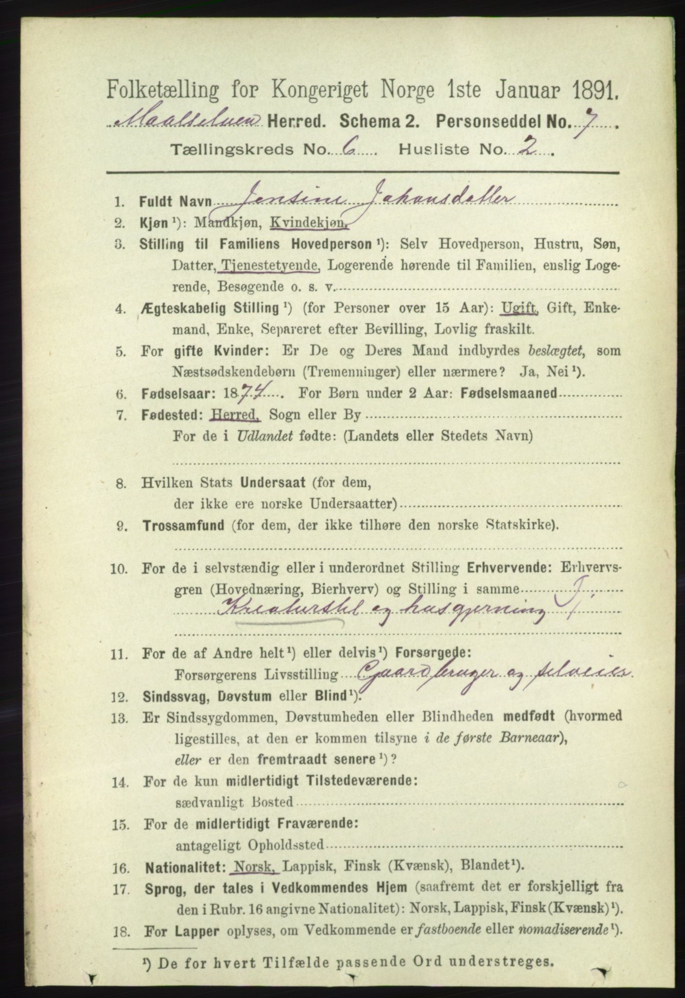 RA, 1891 census for 1924 Målselv, 1891, p. 2045