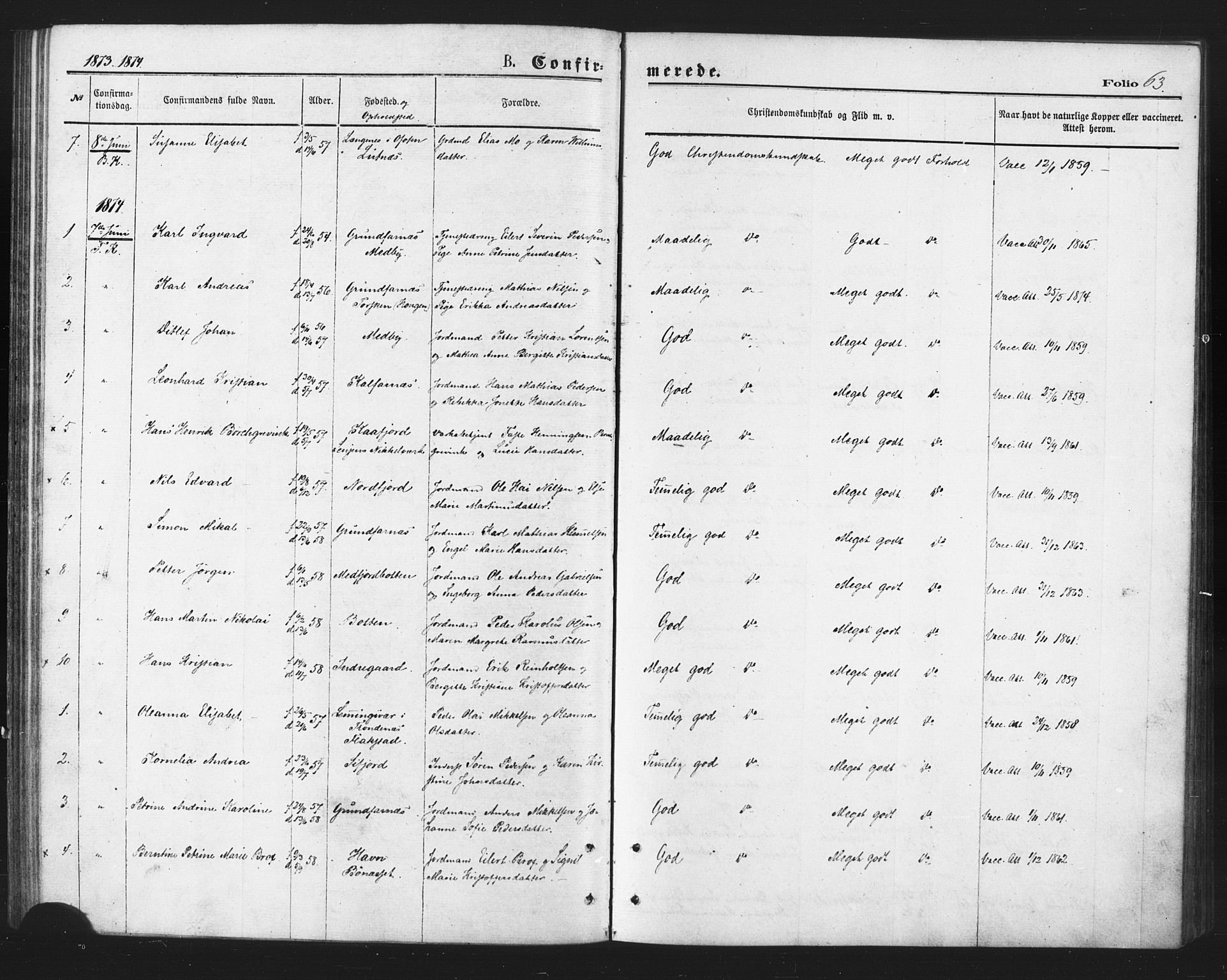 Berg sokneprestkontor, SATØ/S-1318/G/Ga/Gaa/L0003kirke: Parish register (official) no. 3, 1872-1879, p. 63