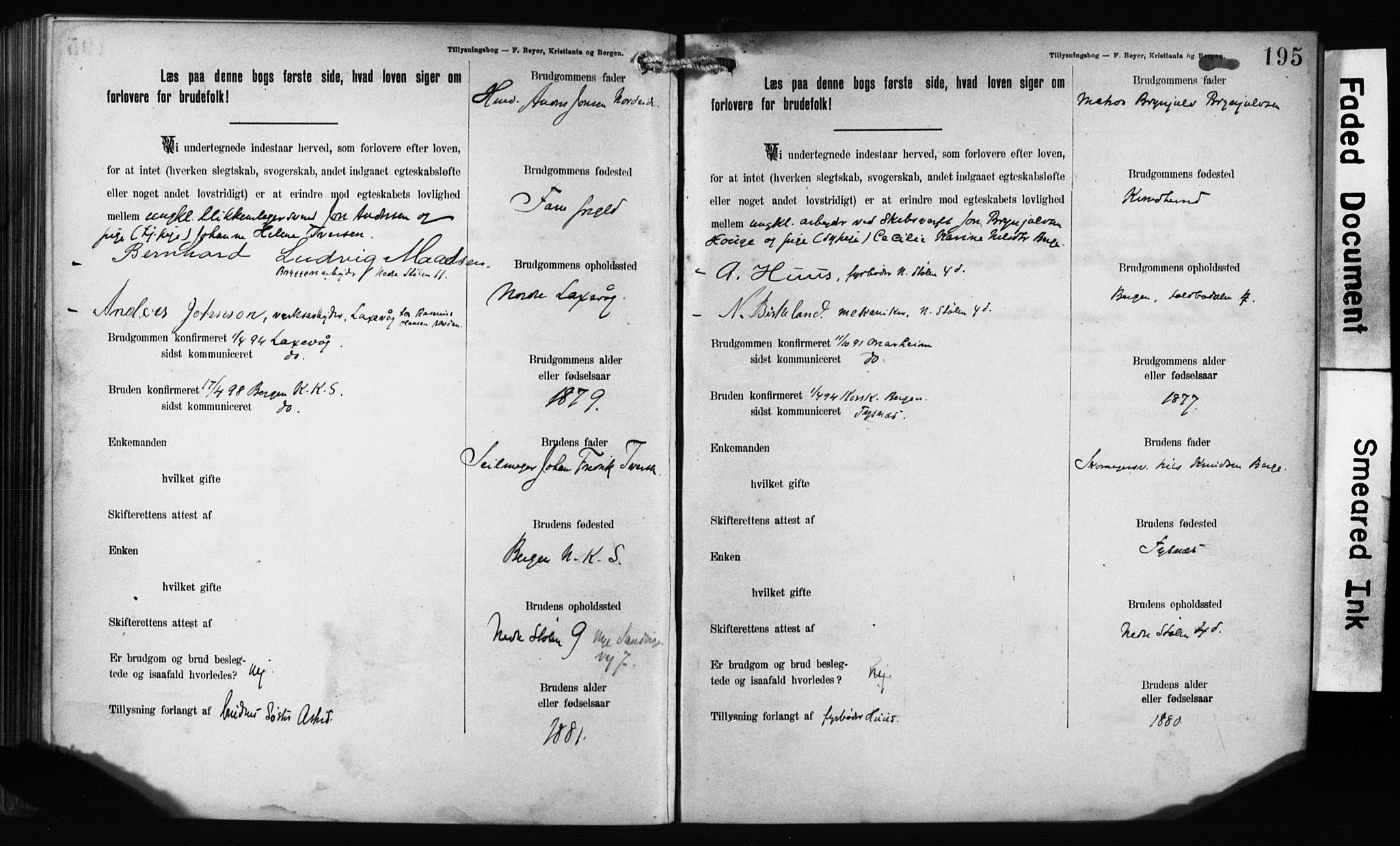 Mariakirken Sokneprestembete, AV/SAB-A-76901: Best man's statements no. II.5.1, 1891-1901, p. 195