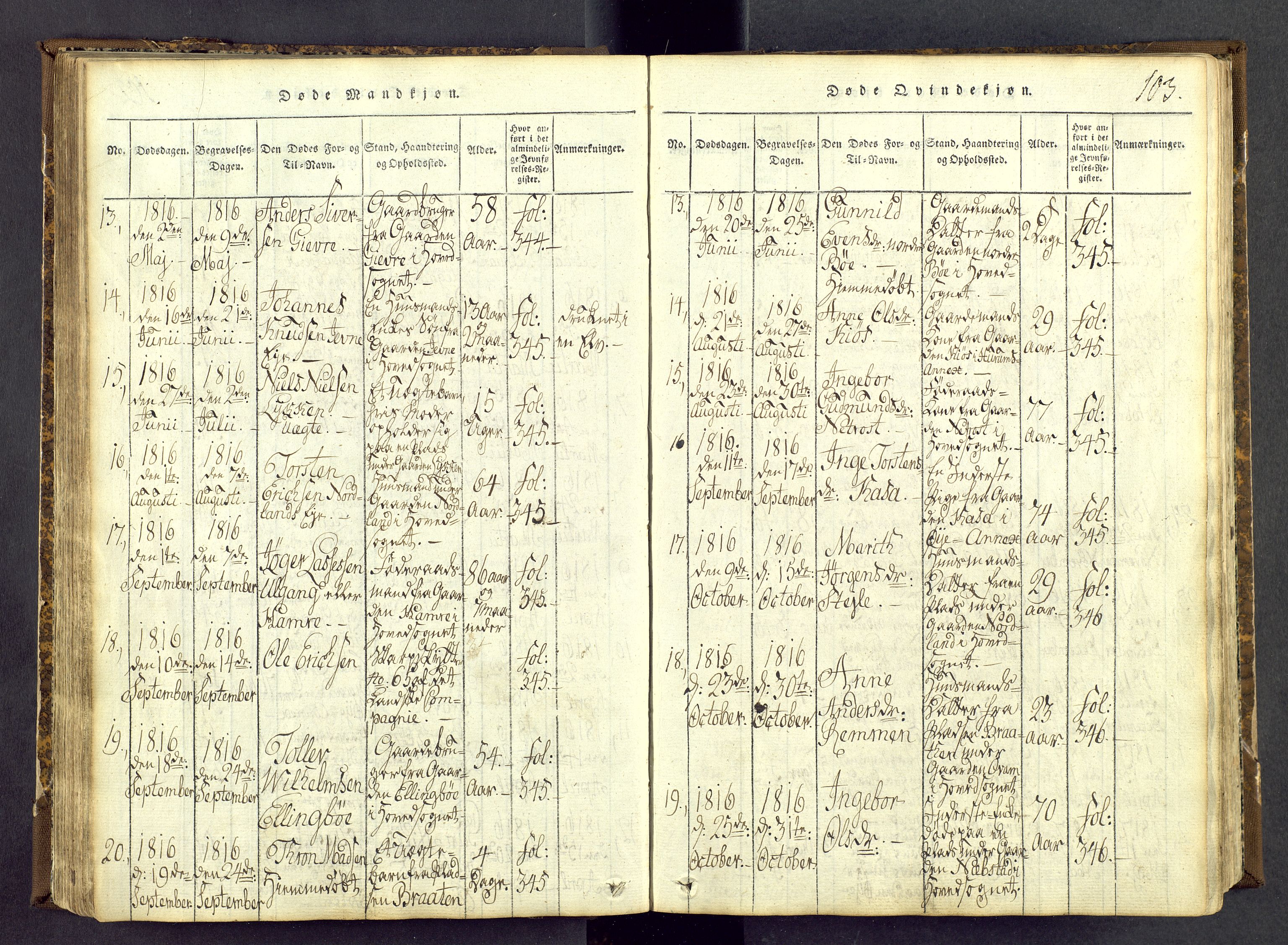 Vang prestekontor, Valdres, SAH/PREST-140/H/Ha/L0004: Parish register (official) no. 4, 1814-1831, p. 103