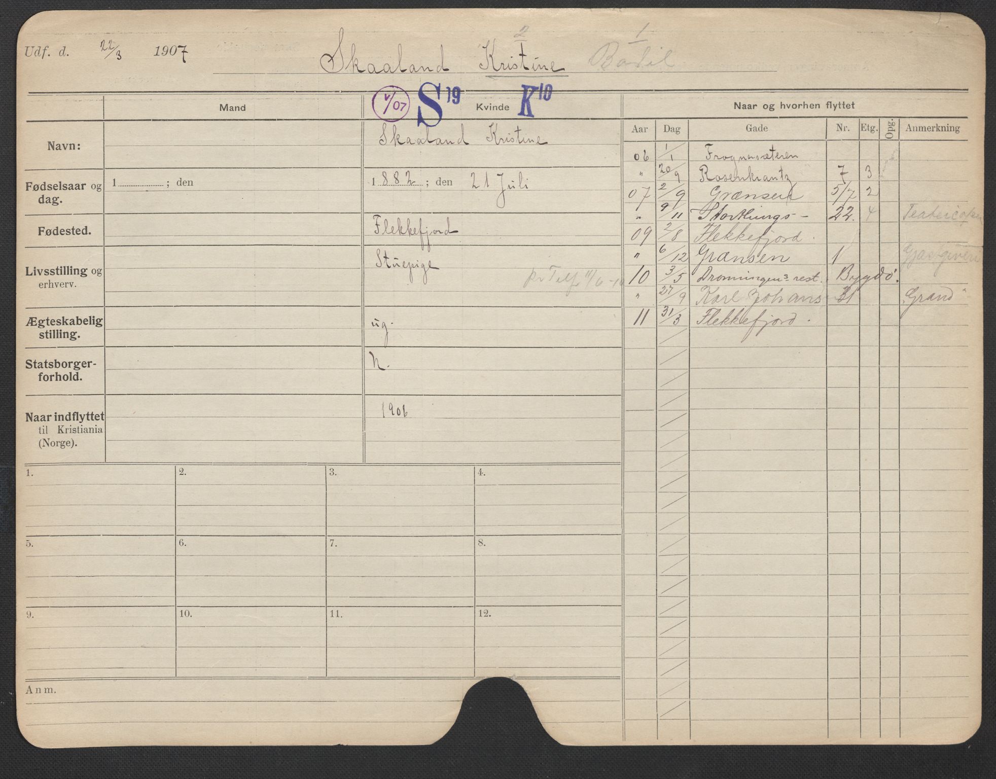 Oslo folkeregister, Registerkort, AV/SAO-A-11715/F/Fa/Fac/L0023: Kvinner, 1906-1914, p. 1002a