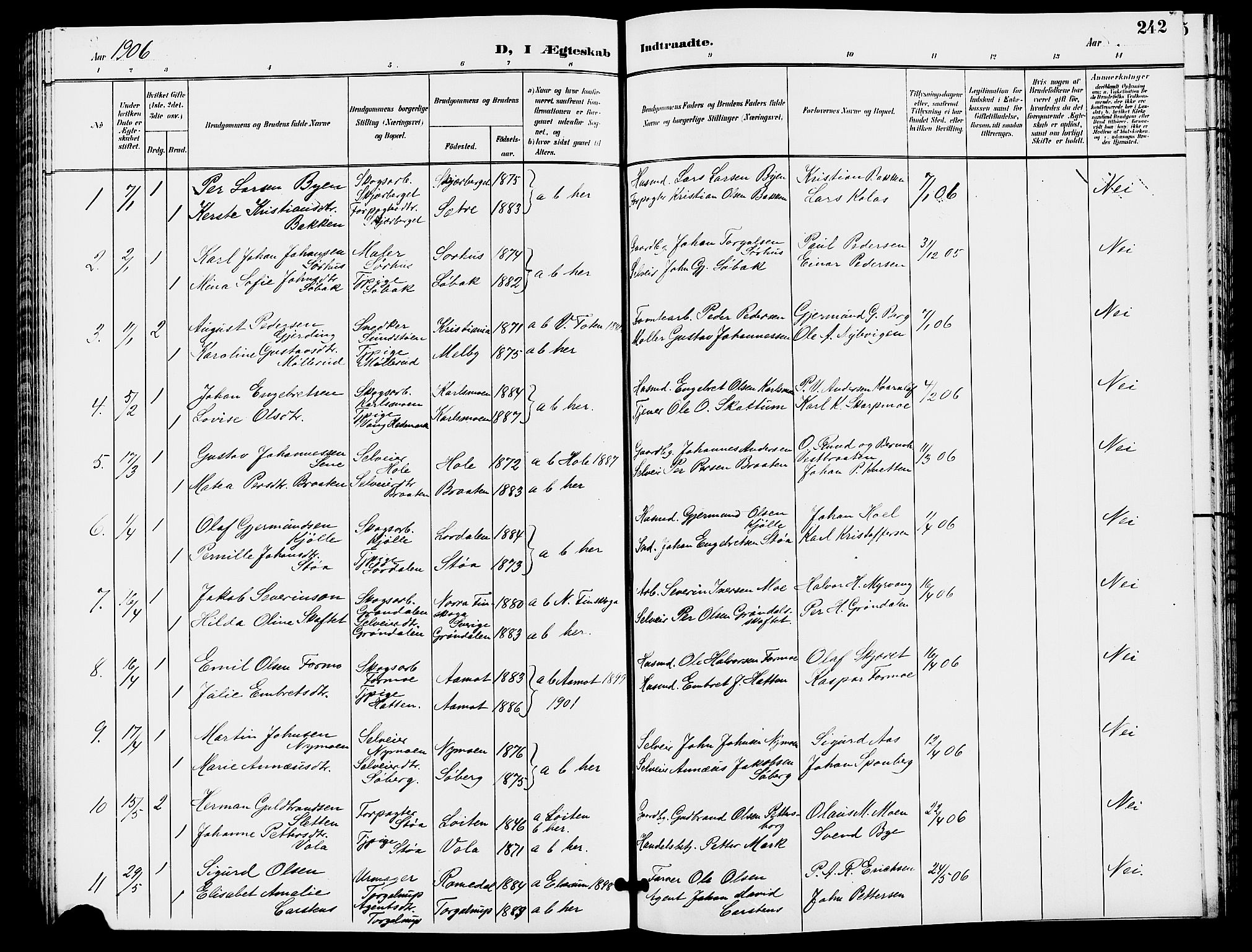 Trysil prestekontor, AV/SAH-PREST-046/H/Ha/Hab/L0006: Parish register (copy) no. 6, 1896-1912, p. 242
