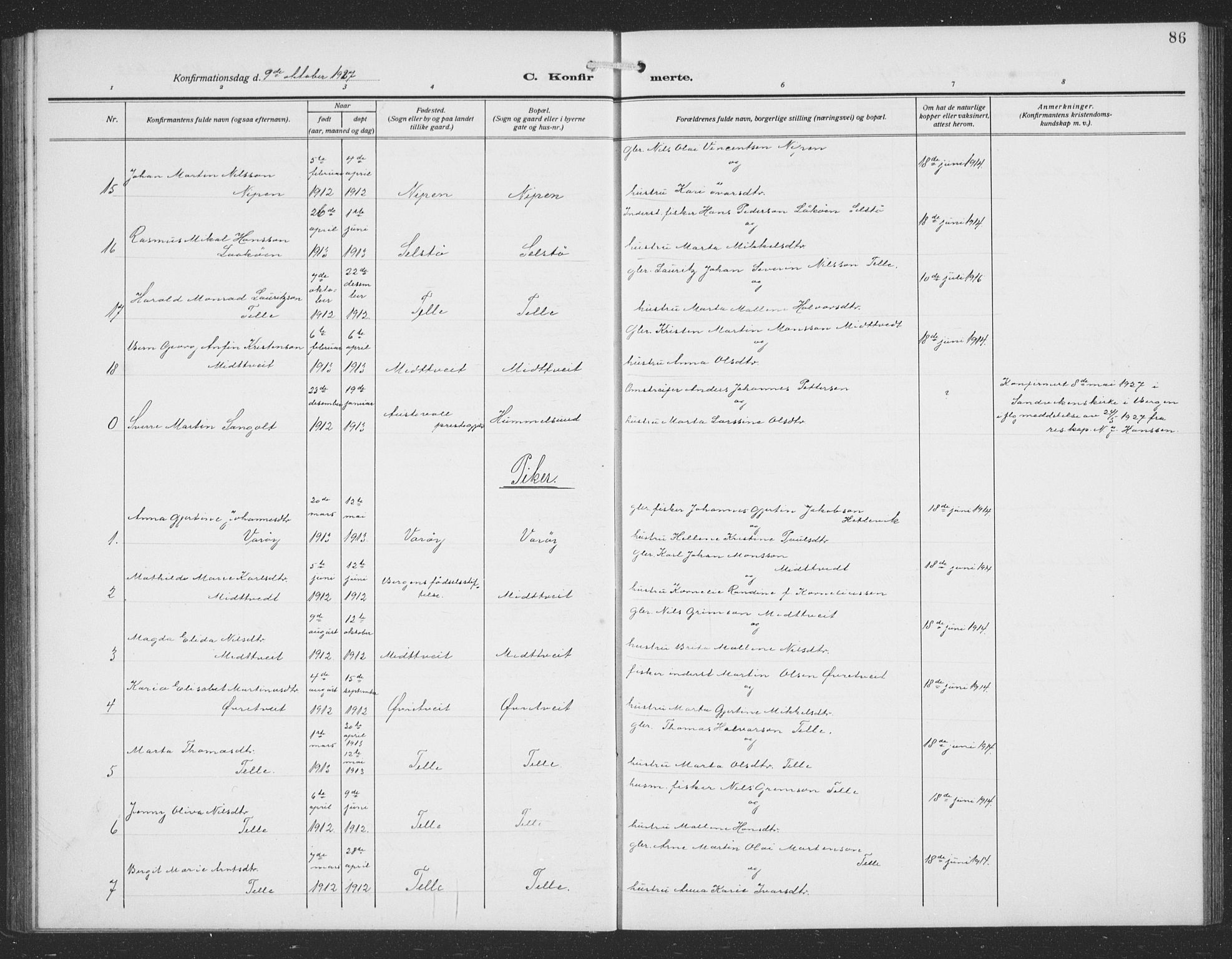 Sund sokneprestembete, AV/SAB-A-99930: Parish register (copy) no. C 1, 1913-1928, p. 86