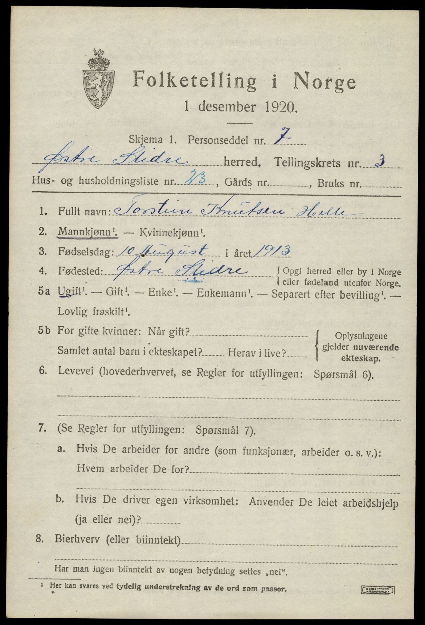 SAH, 1920 census for Øystre Slidre, 1920, p. 2425