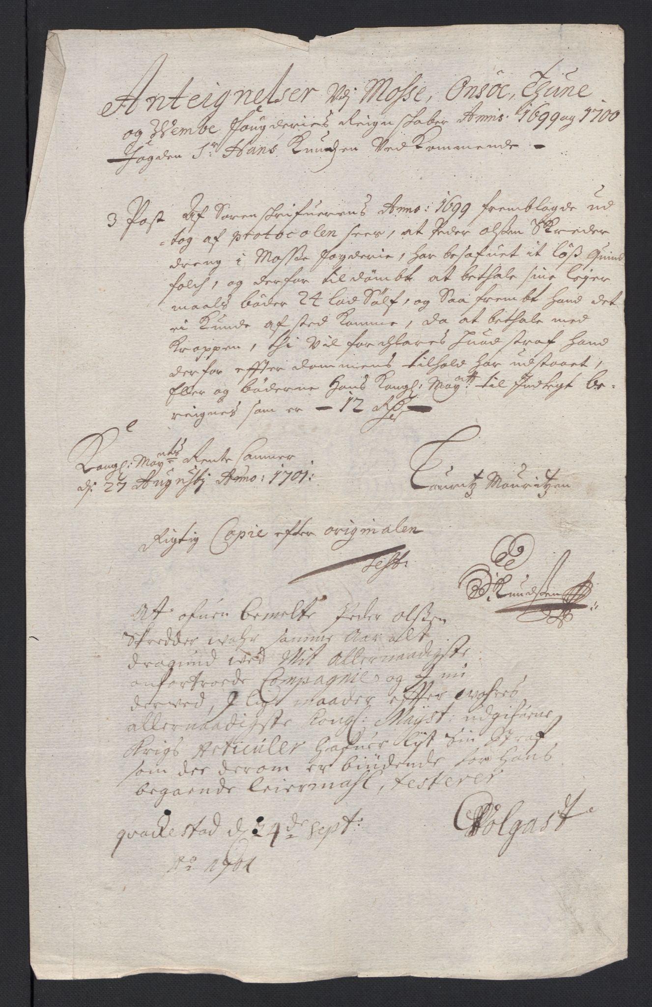 Rentekammeret inntil 1814, Reviderte regnskaper, Fogderegnskap, AV/RA-EA-4092/R04/L0129: Fogderegnskap Moss, Onsøy, Tune, Veme og Åbygge, 1700, p. 548