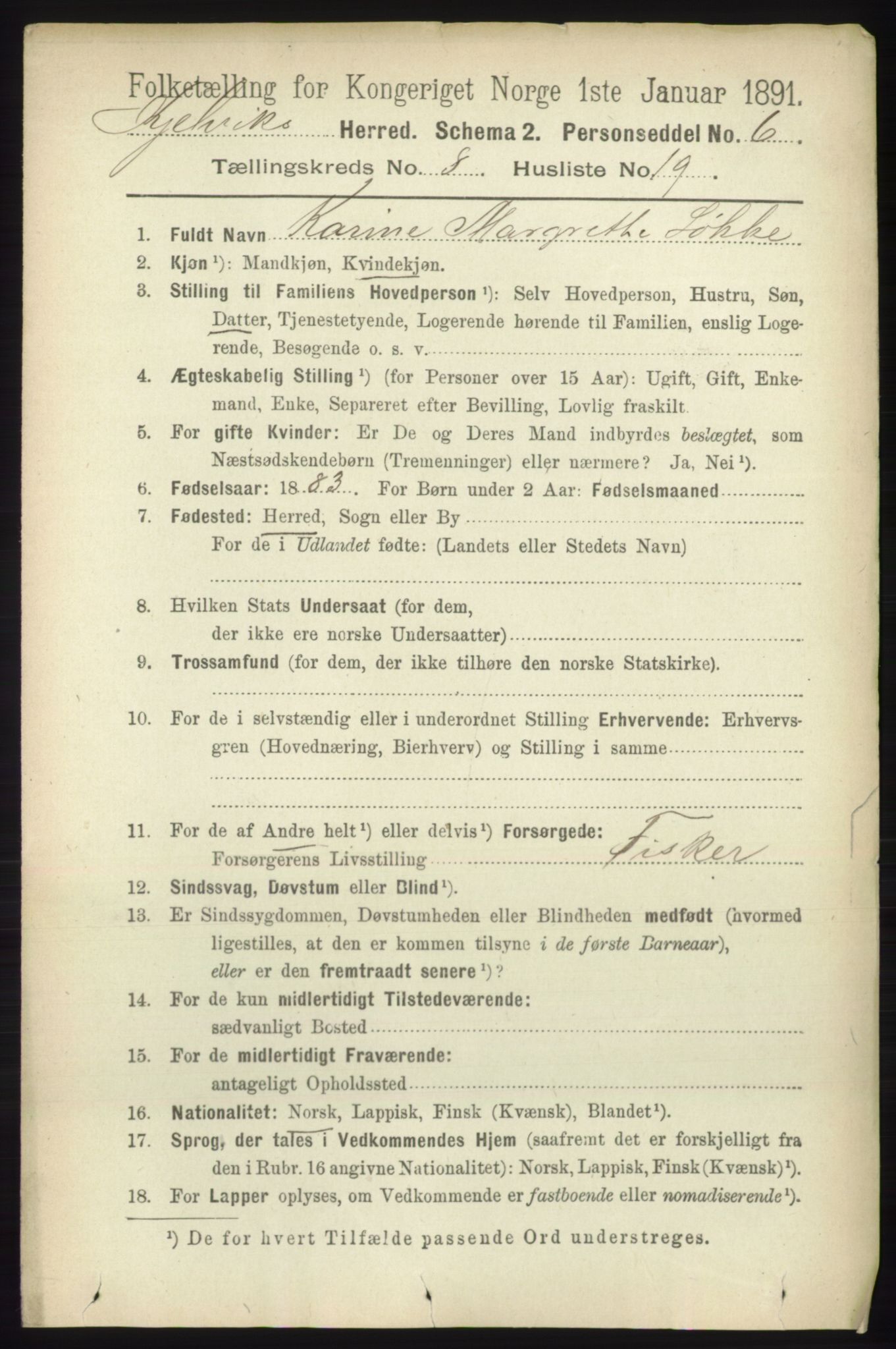 RA, 1891 census for 2019 Kjelvik, 1891, p. 1369