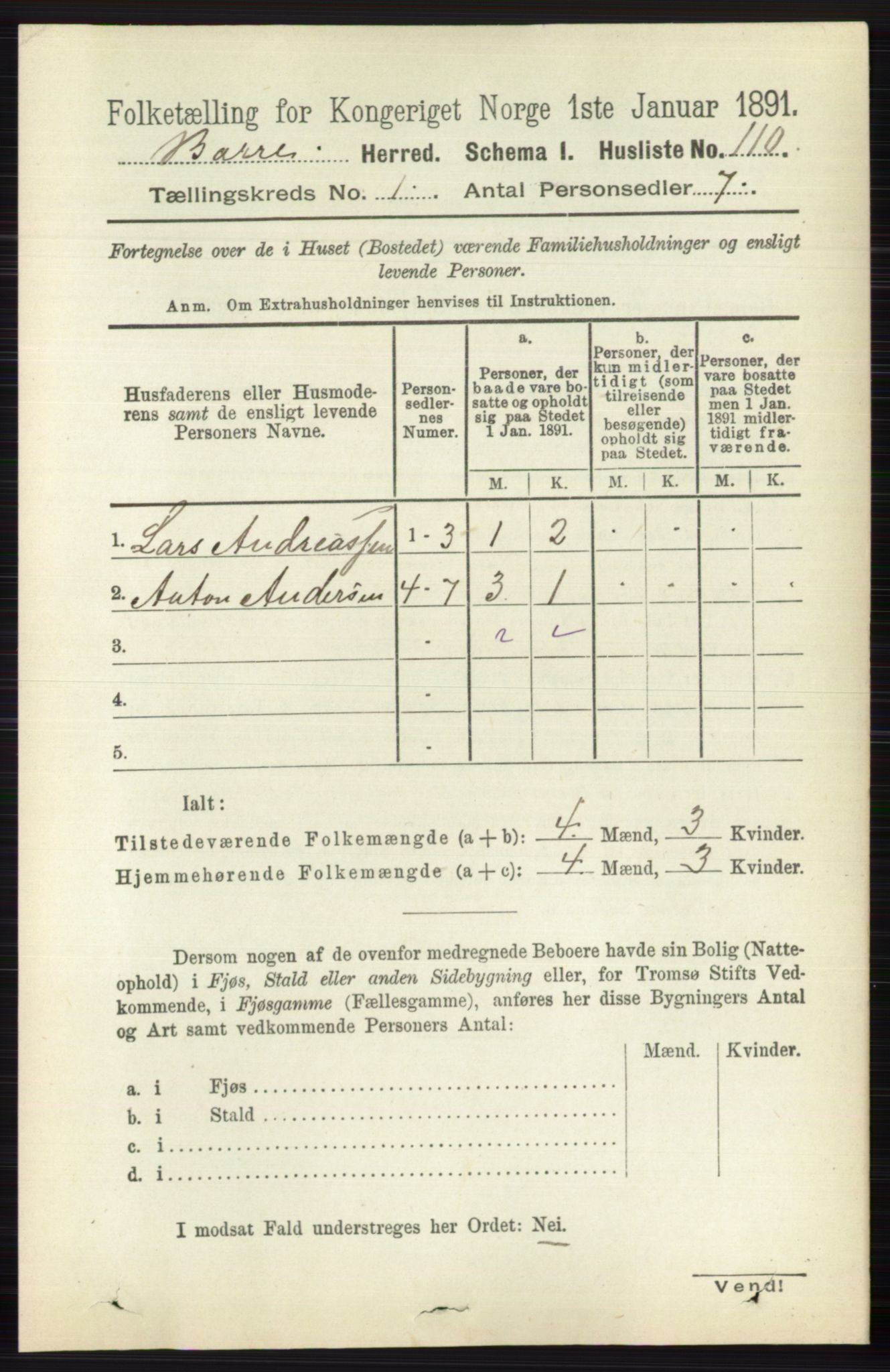 RA, 1891 census for 0717 Borre, 1891, p. 134