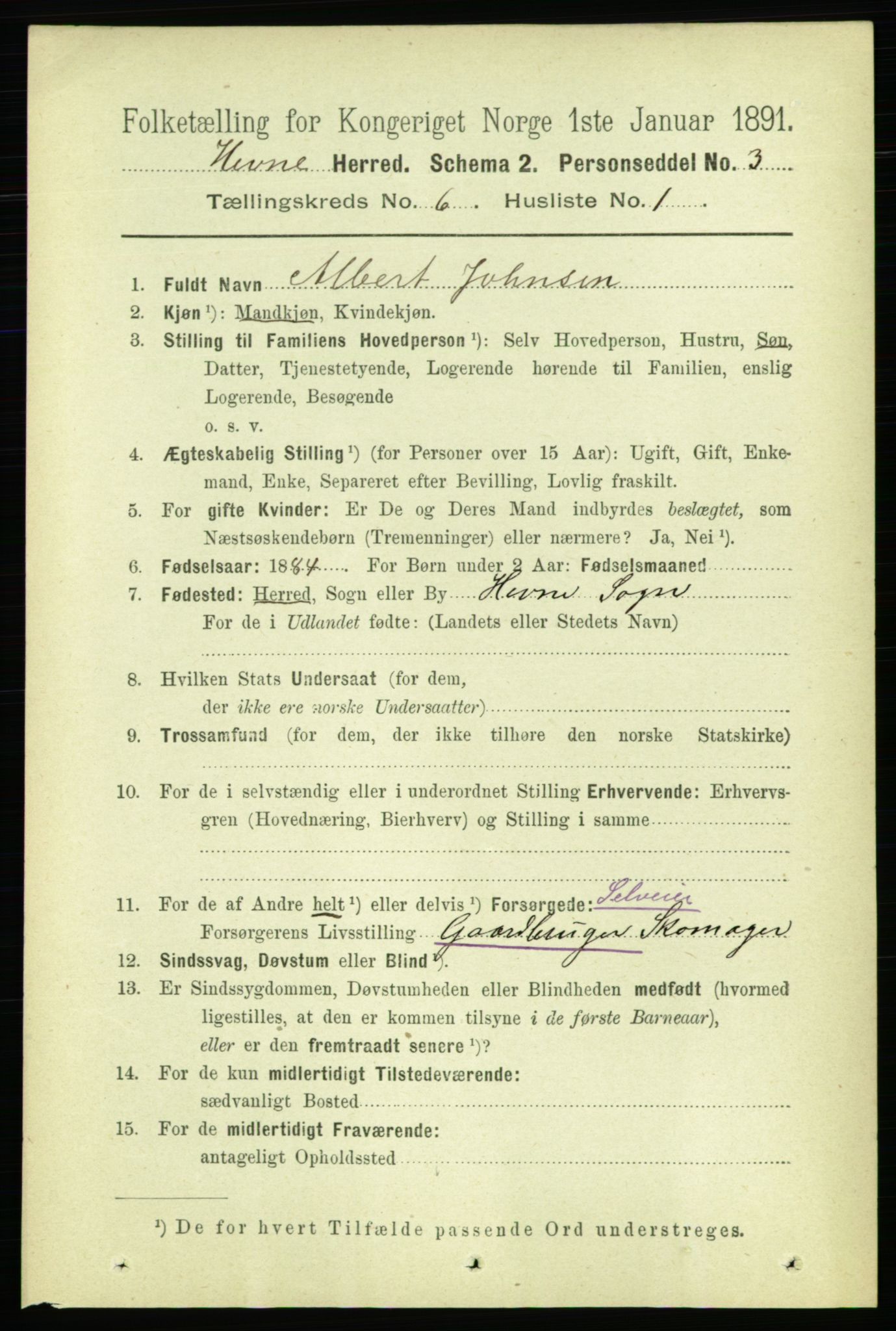 RA, 1891 census for 1612 Hemne, 1891, p. 3420