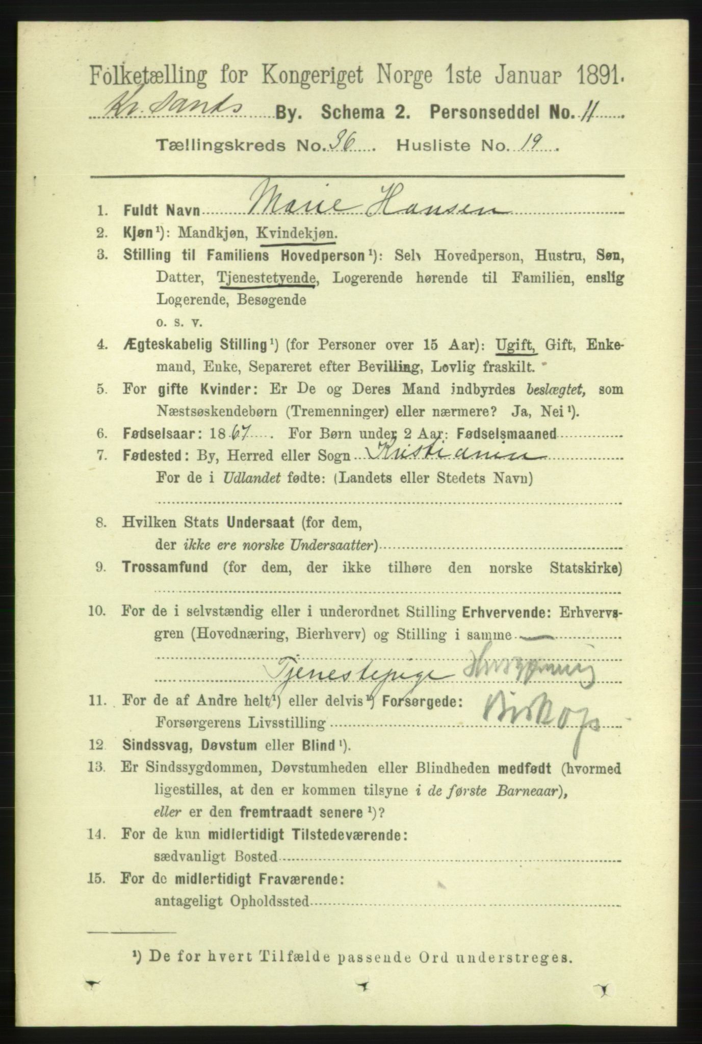 RA, 1891 census for 1001 Kristiansand, 1891, p. 11393