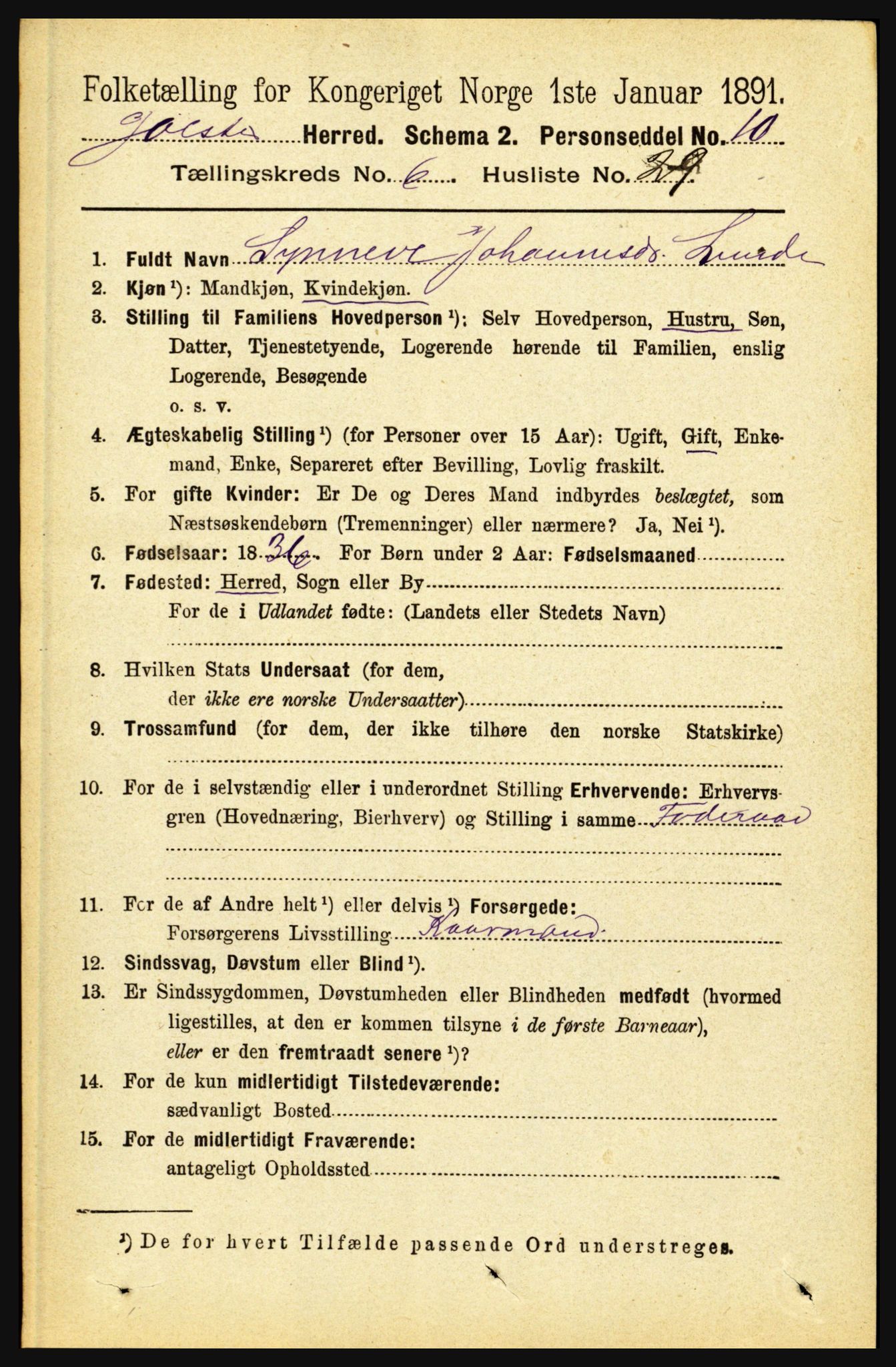 RA, 1891 census for 1431 Jølster, 1891, p. 2397