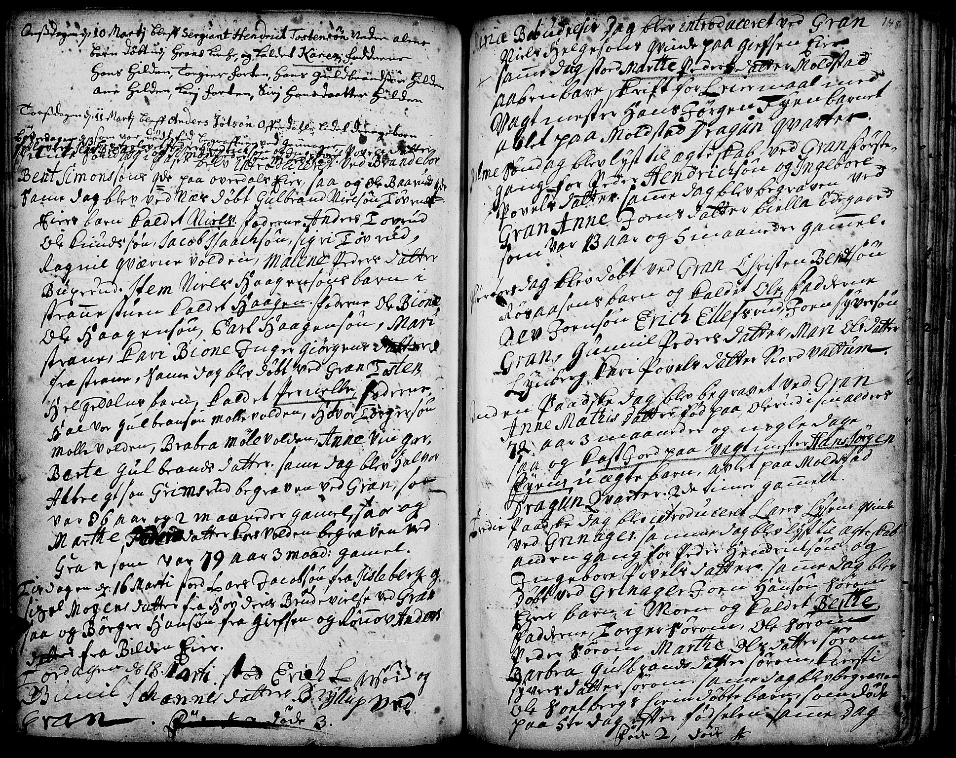 Gran prestekontor, AV/SAH-PREST-112/H/Ha/Haa/L0001: Parish register (official) no. 1, 1707-1731, p. 148