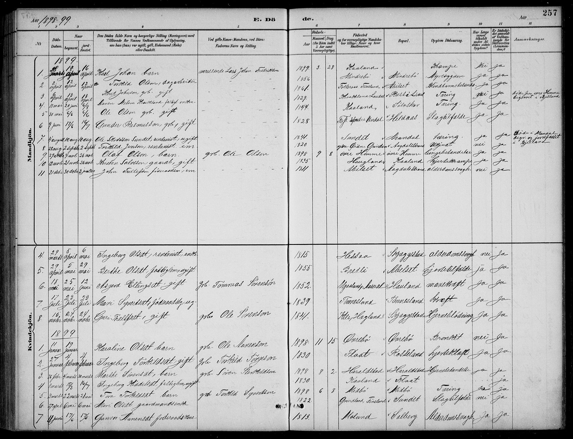 Bjelland sokneprestkontor, AV/SAK-1111-0005/F/Fb/Fba/L0005: Parish register (copy) no. B 5, 1887-1923, p. 257