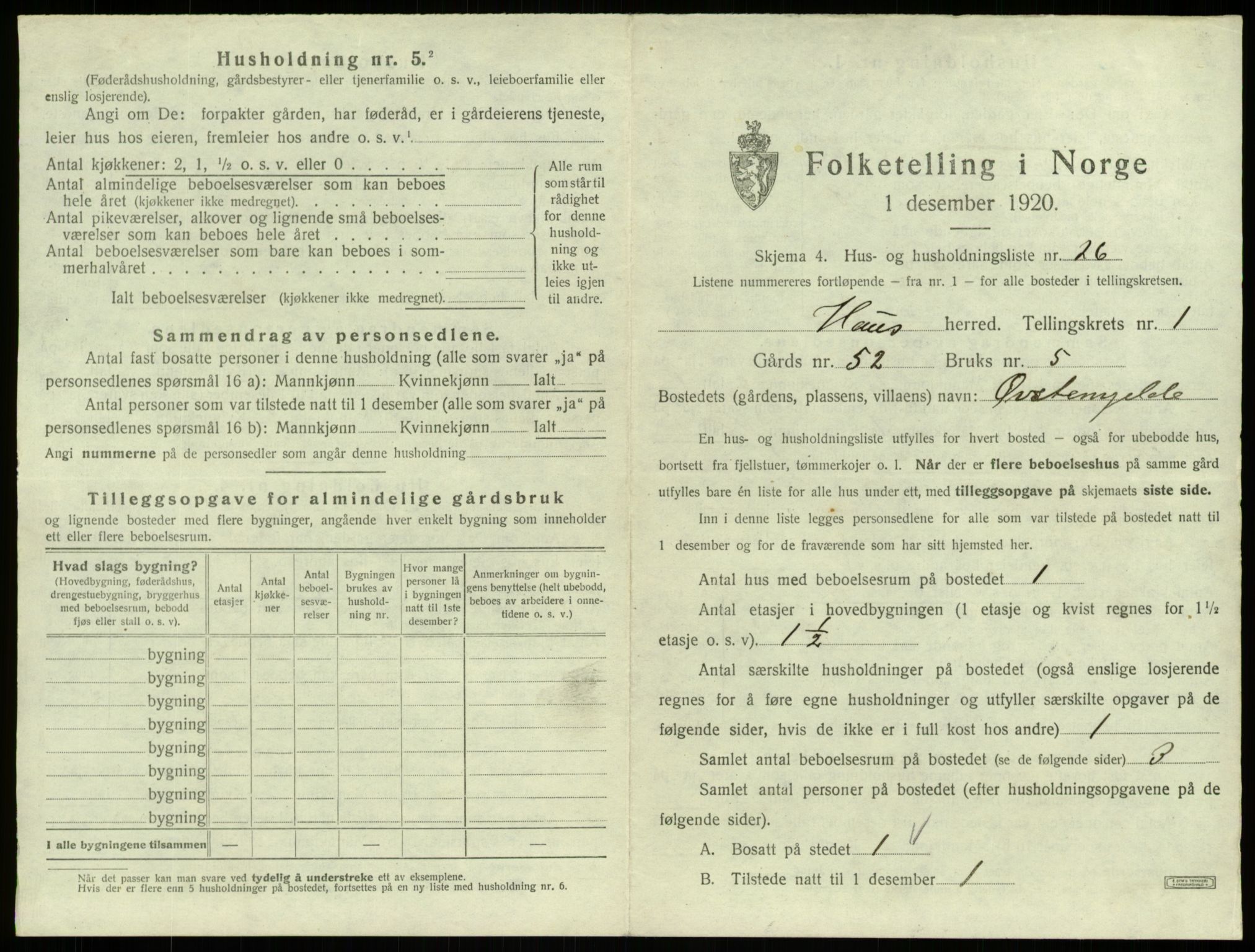 SAB, 1920 census for Haus, 1920, p. 115