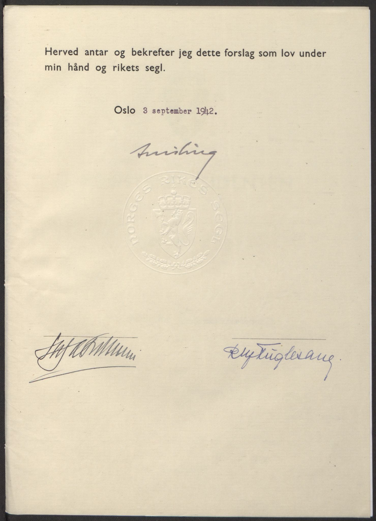 NS-administrasjonen 1940-1945 (Statsrådsekretariatet, de kommisariske statsråder mm), RA/S-4279/D/Db/L0098: Lover II, 1942, p. 352