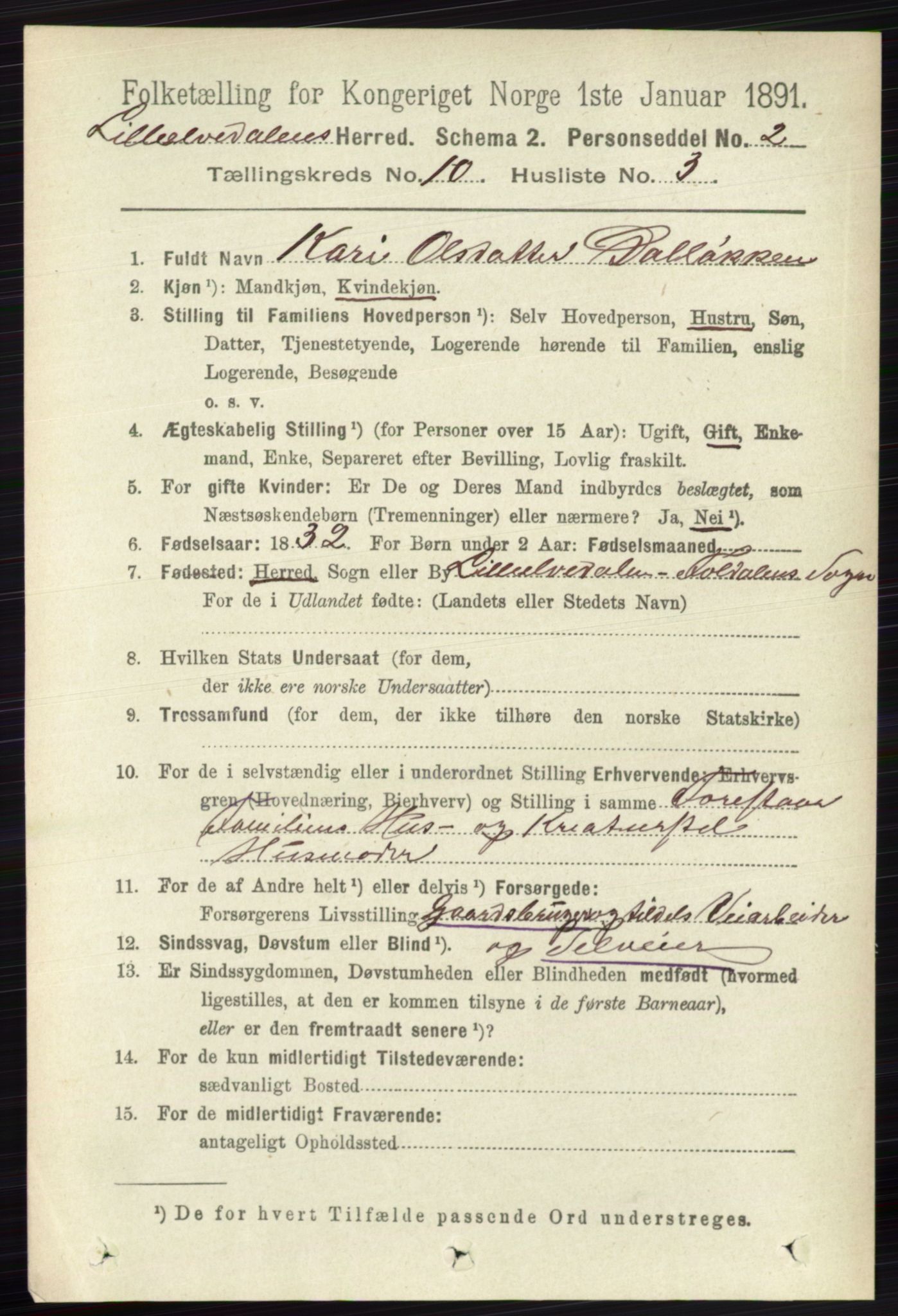 RA, 1891 census for 0438 Lille Elvedalen, 1891, p. 3433