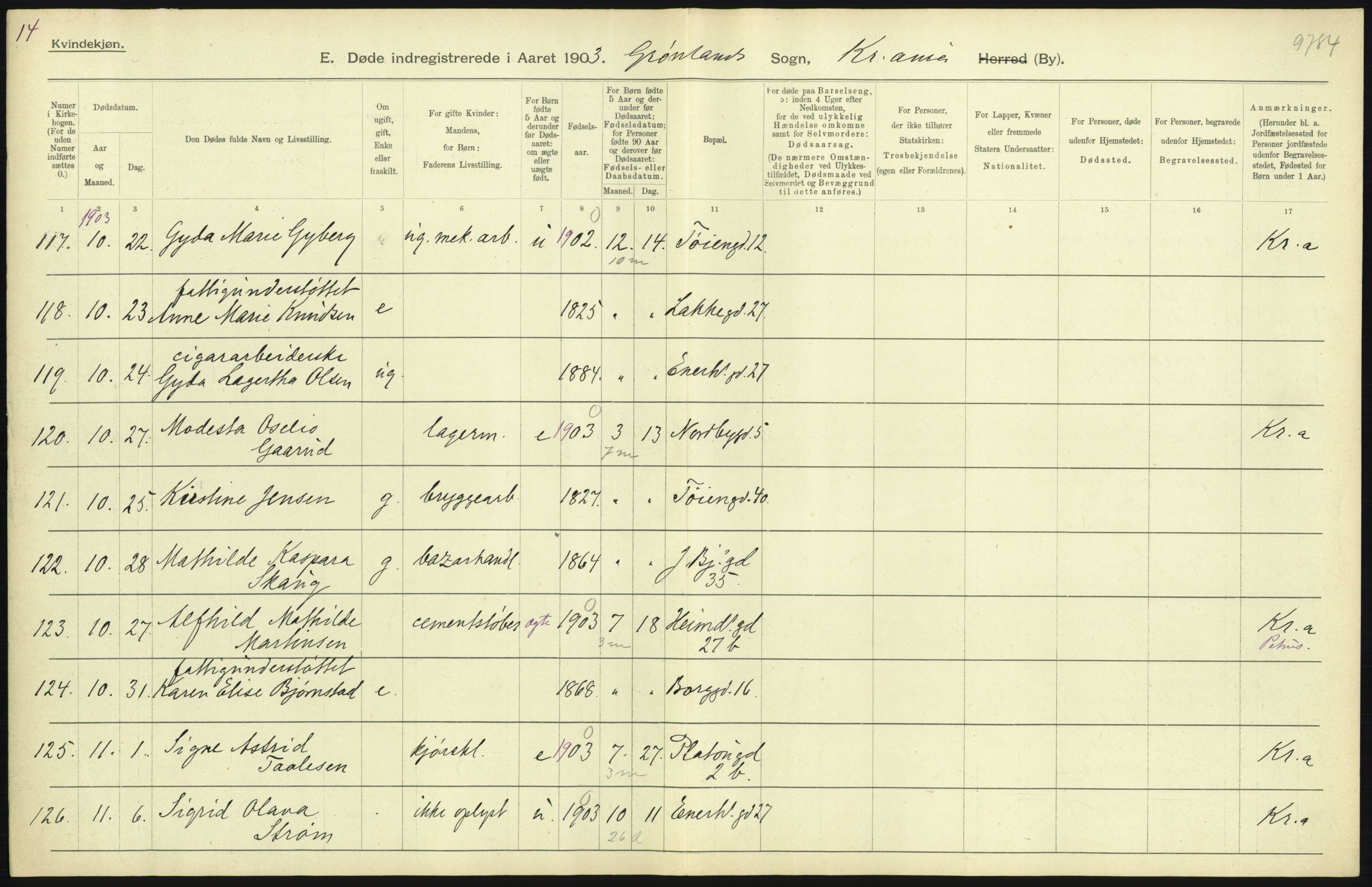 Statistisk sentralbyrå, Sosiodemografiske emner, Befolkning, AV/RA-S-2228/D/Df/Dfa/Dfaa/L0004: Kristiania: Gifte, døde, 1903, p. 403