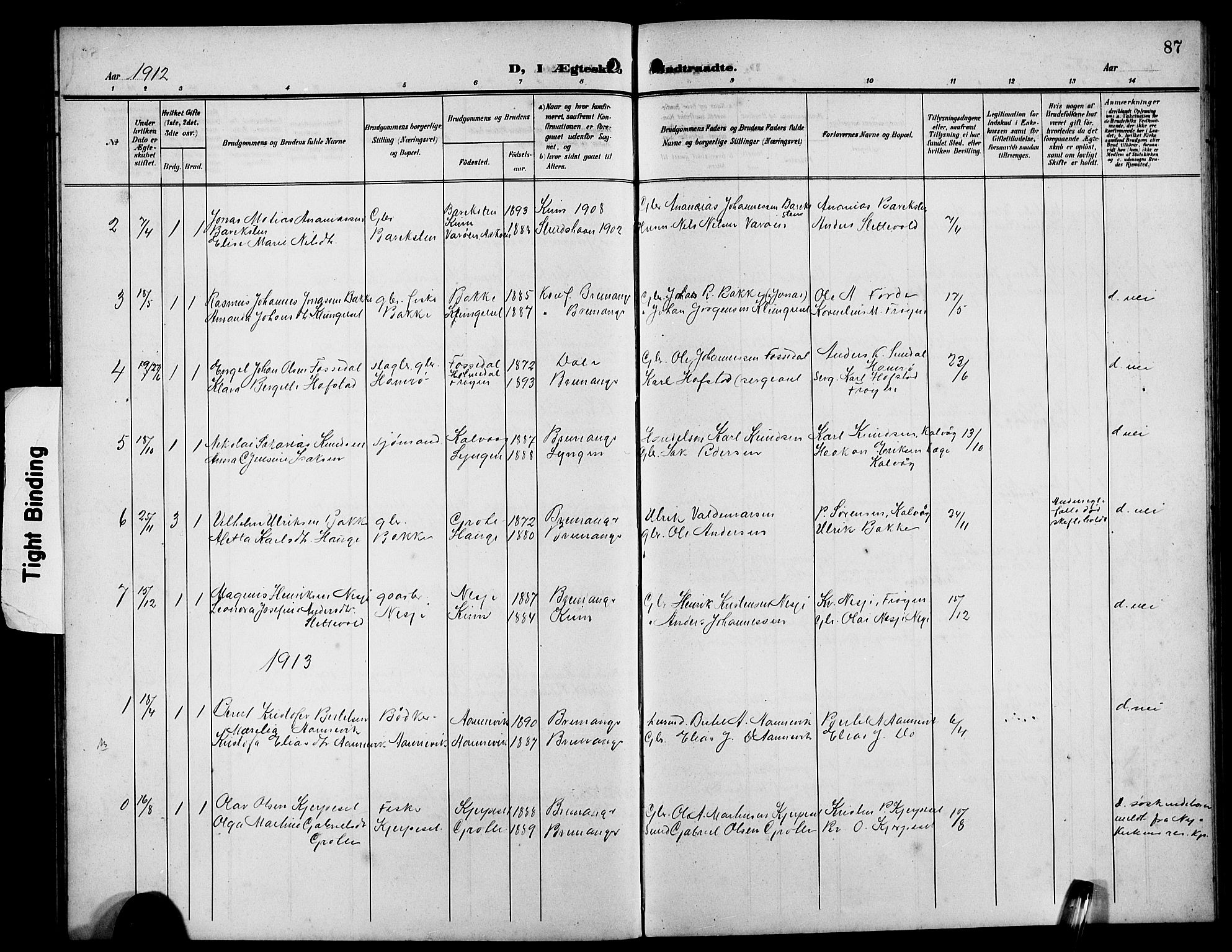 Bremanger sokneprestembete, SAB/A-82201/H/Hab/Habb/L0001: Parish register (copy) no. B 1, 1906-1925, p. 87