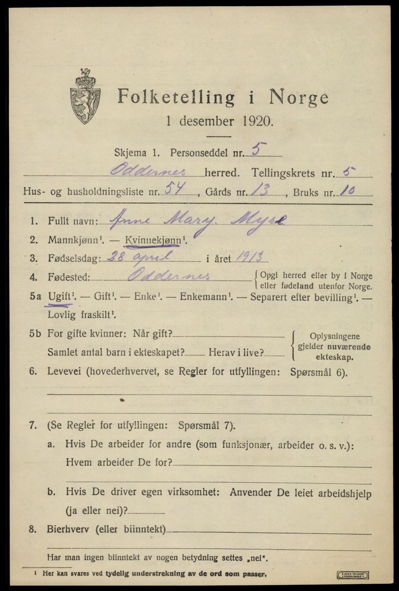 SAK, 1920 census for Oddernes, 1920, p. 4869