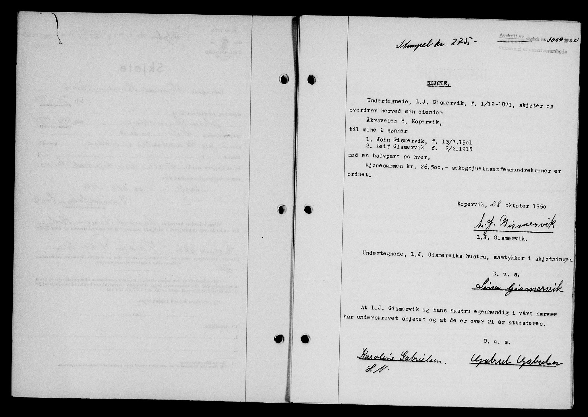 Karmsund sorenskriveri, SAST/A-100311/01/II/IIB/L0101: Mortgage book no. 81A, 1950-1951, Diary no: : 3069/1950