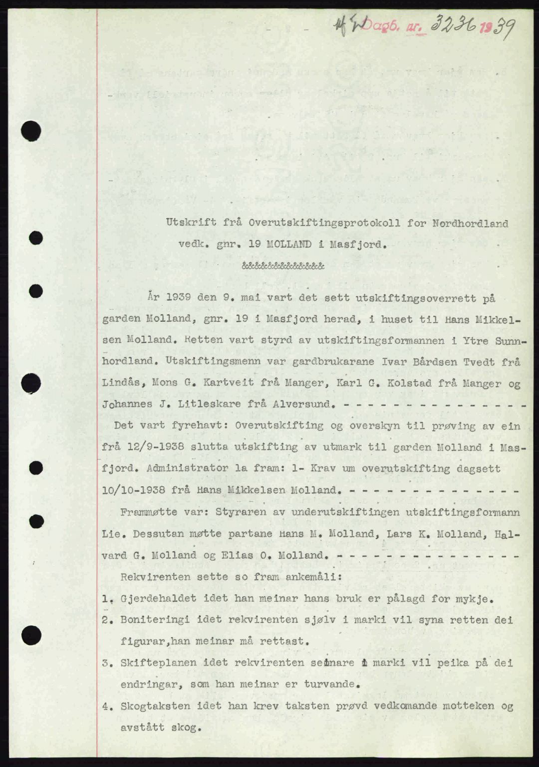 Nordhordland sorenskrivar, SAB/A-2901/1/G/Gb/Gbf/L0010: Mortgage book no. A10, 1939-1940, Diary no: : 3236/1939