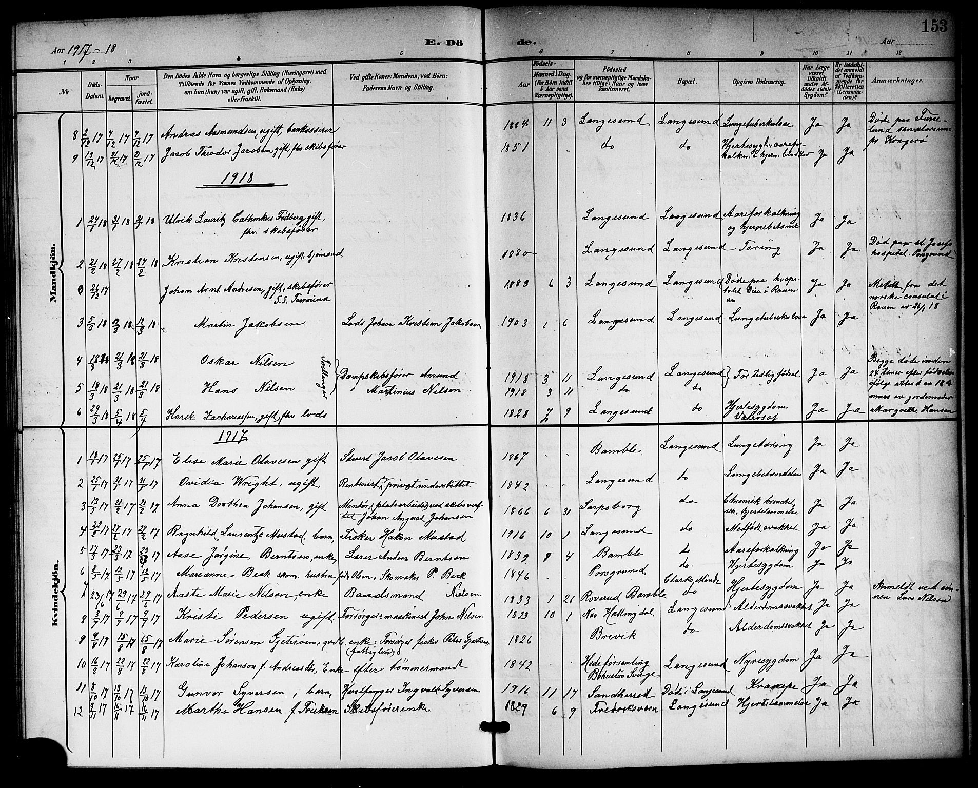 Langesund kirkebøker, SAKO/A-280/G/Ga/L0006: Parish register (copy) no. 6, 1899-1918, p. 153