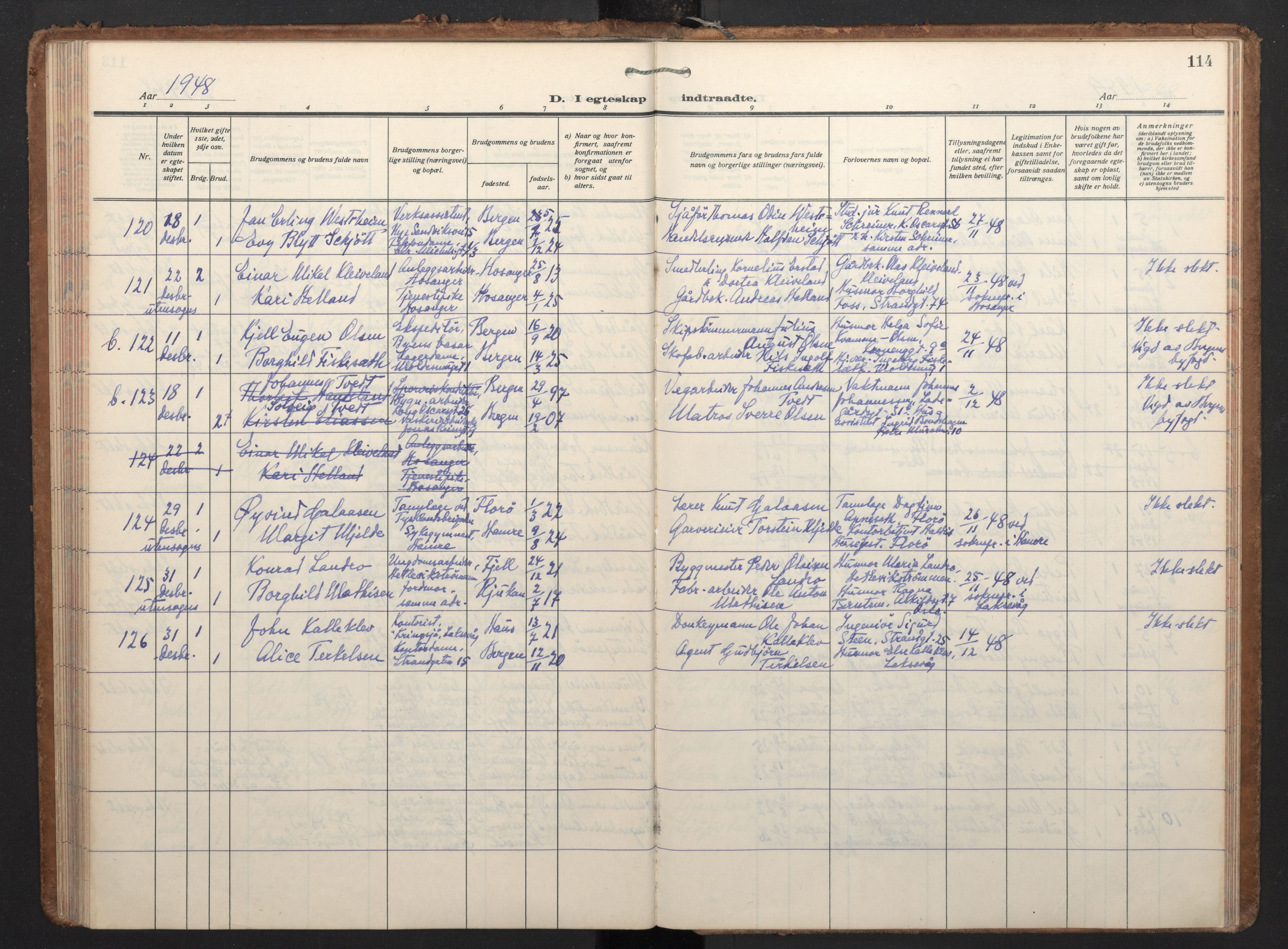 Korskirken sokneprestembete, AV/SAB-A-76101/H/Haa/L0040: Parish register (official) no. D 7, 1938-1952, p. 113b-114a