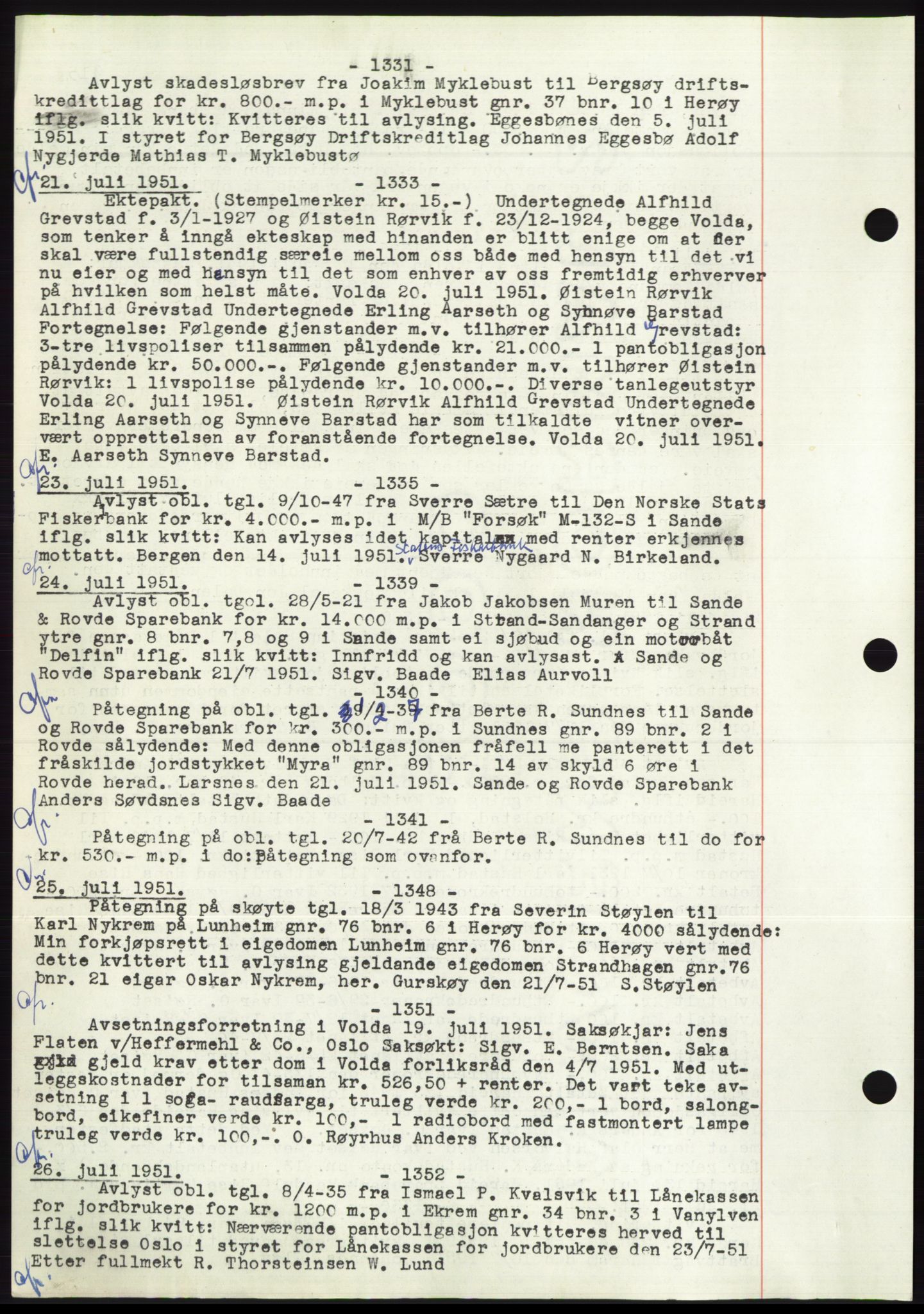 Søre Sunnmøre sorenskriveri, AV/SAT-A-4122/1/2/2C/L0072: Mortgage book no. 66, 1941-1955, Diary no: : 1331/1951