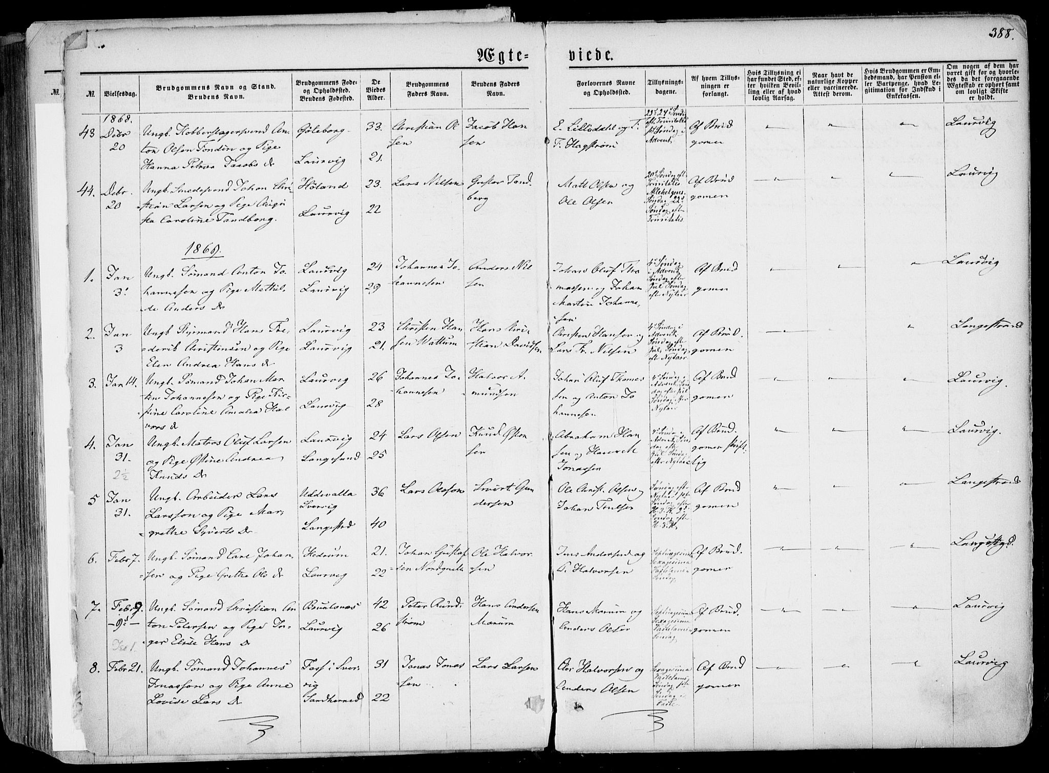 Larvik kirkebøker, AV/SAKO-A-352/F/Fa/L0004: Parish register (official) no. I 4, 1856-1870, p. 388