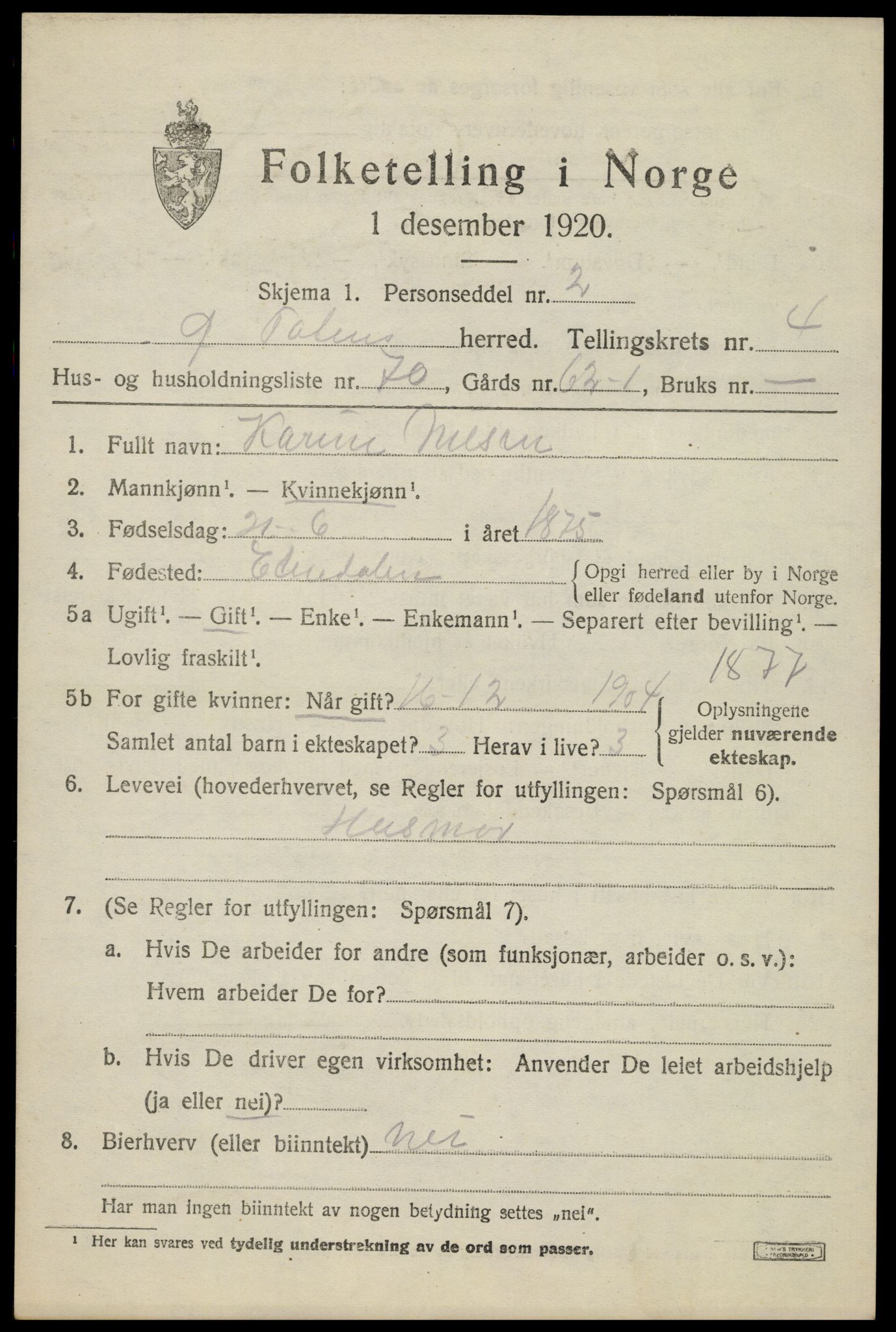 SAH, 1920 census for Østre Toten, 1920, p. 9392