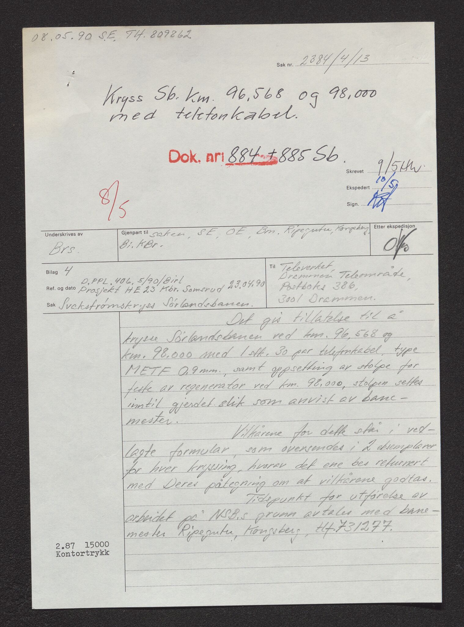 Norges Statsbaner Drammen distrikt (NSB), AV/SAKO-A-30/F/Fe/Fed/L0055/0001: Elektroarkiv / Televerkets kryssinger og nærføringer - Sørlandsbanen, 1982-1990, p. 2