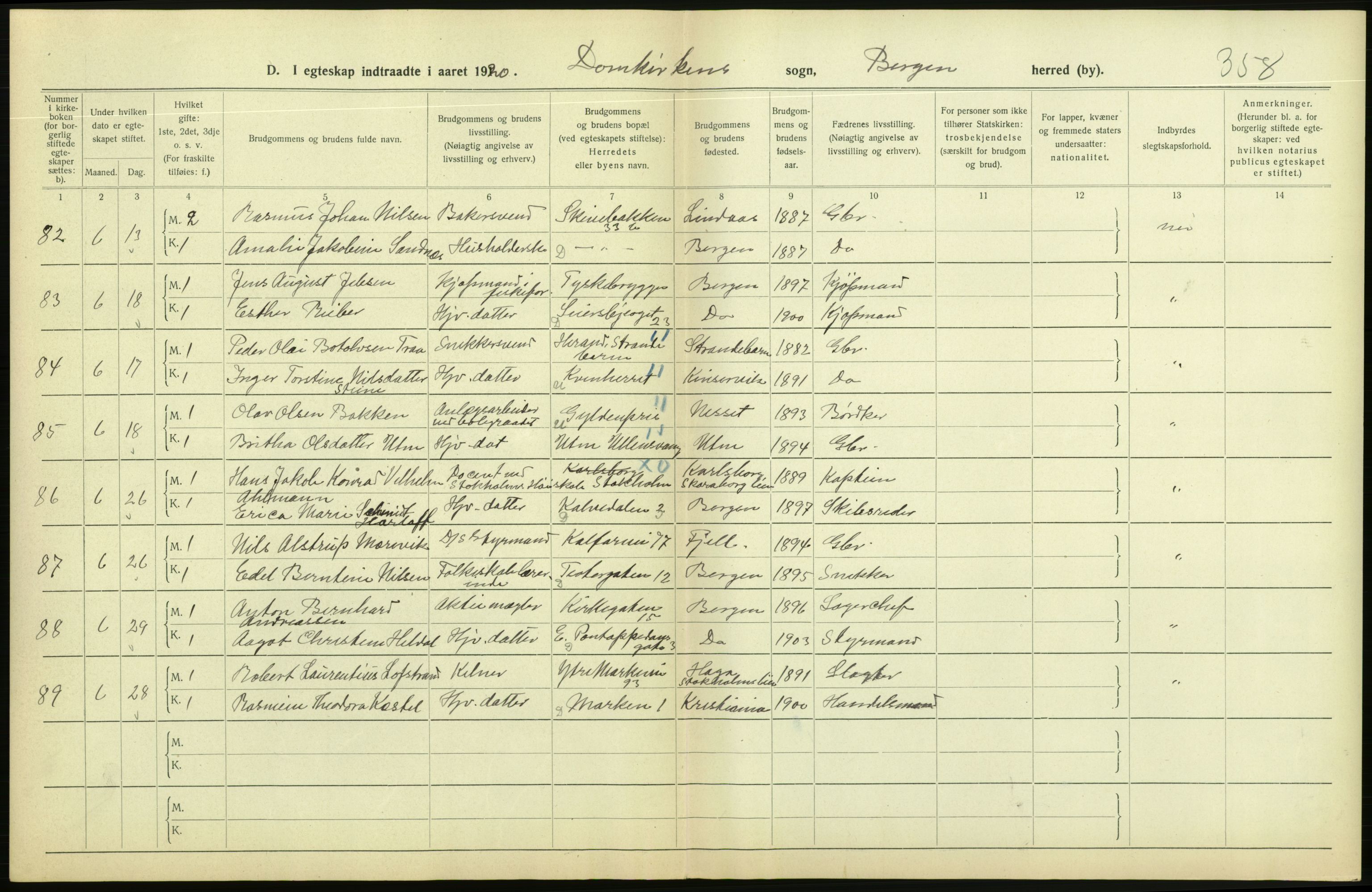 Statistisk sentralbyrå, Sosiodemografiske emner, Befolkning, AV/RA-S-2228/D/Df/Dfb/Dfbj/L0042: Bergen: Gifte, døde, dødfødte., 1920, p. 240