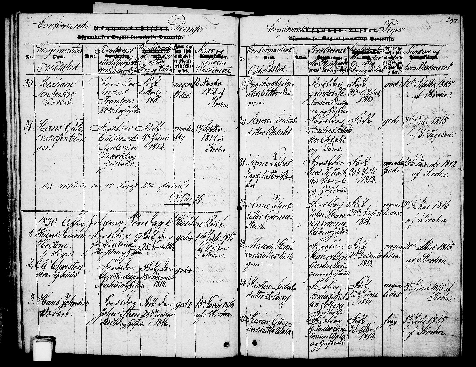 Holla kirkebøker, AV/SAKO-A-272/G/Ga/L0001: Parish register (copy) no. I 1, 1814-1830, p. 297