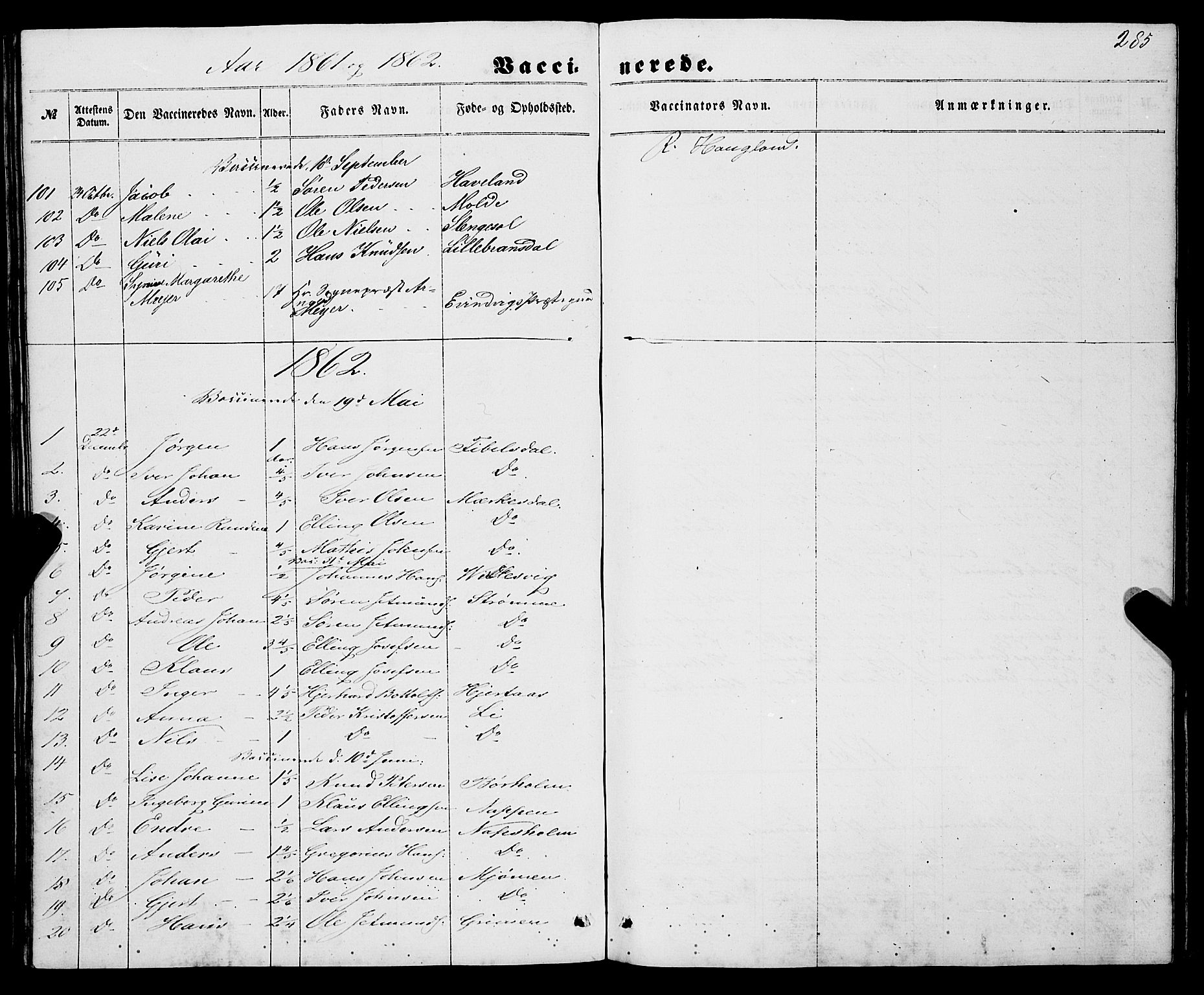 Gulen sokneprestembete, SAB/A-80201/H/Haa/Haaa/L0022: Parish register (official) no. A 22, 1859-1869, p. 285