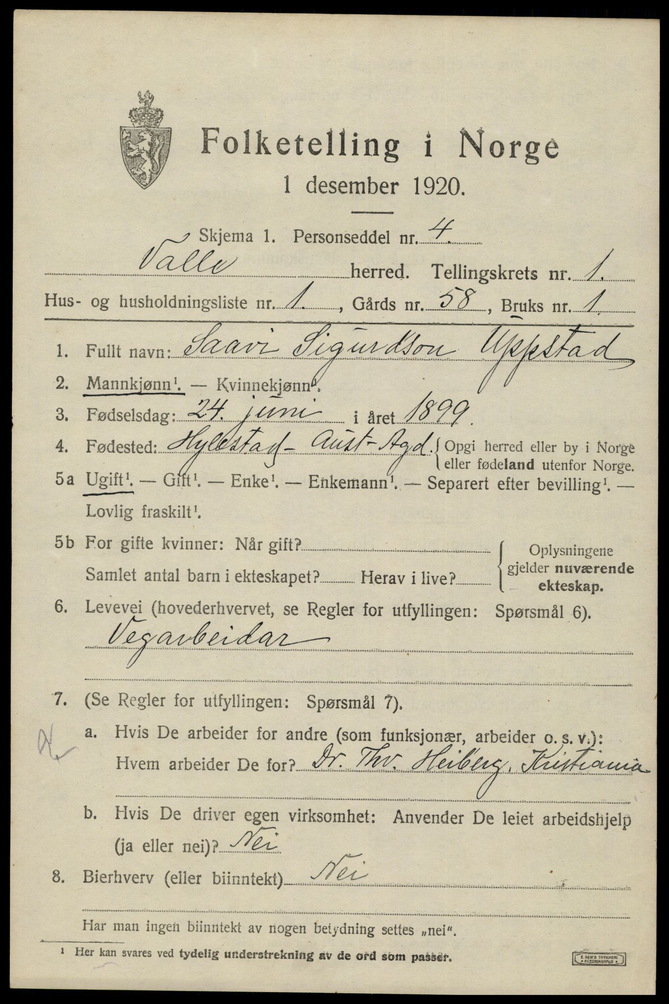 SAK, 1920 census for Valle, 1920, p. 443