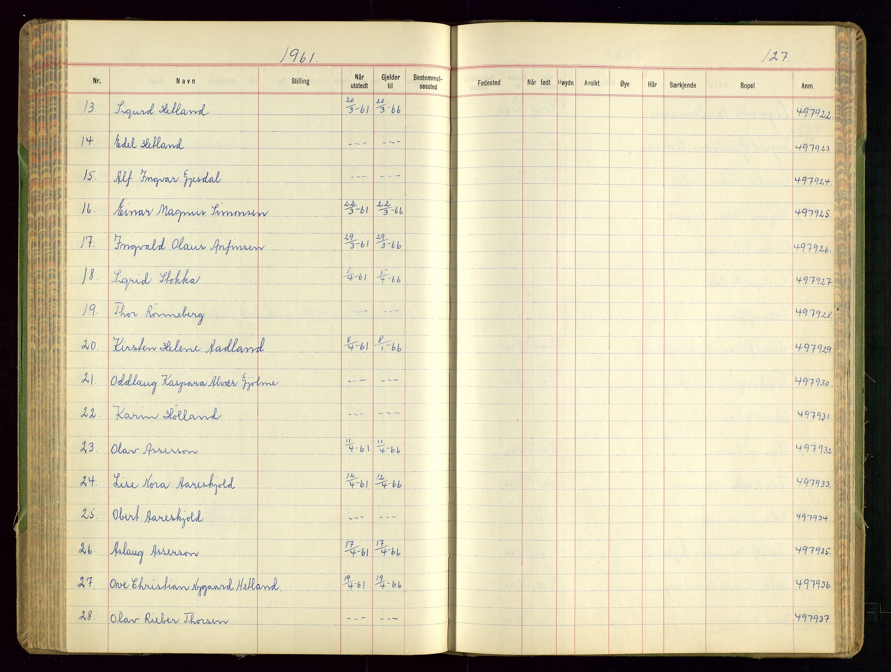 Sandnes politikammer, AV/SAST-A-100446/K/L0008: Passprotokoll, 1951-1962, p. 127