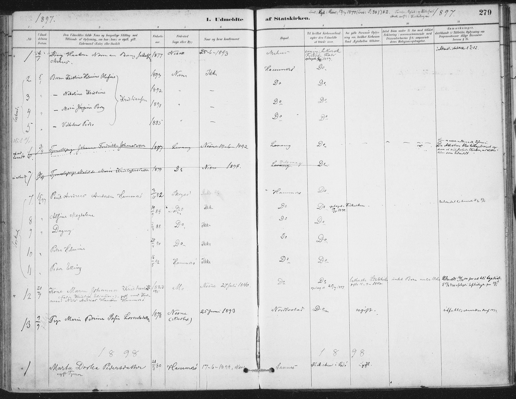 Ministerialprotokoller, klokkerbøker og fødselsregistre - Nordland, AV/SAT-A-1459/838/L0553: Parish register (official) no. 838A11, 1880-1910, p. 279