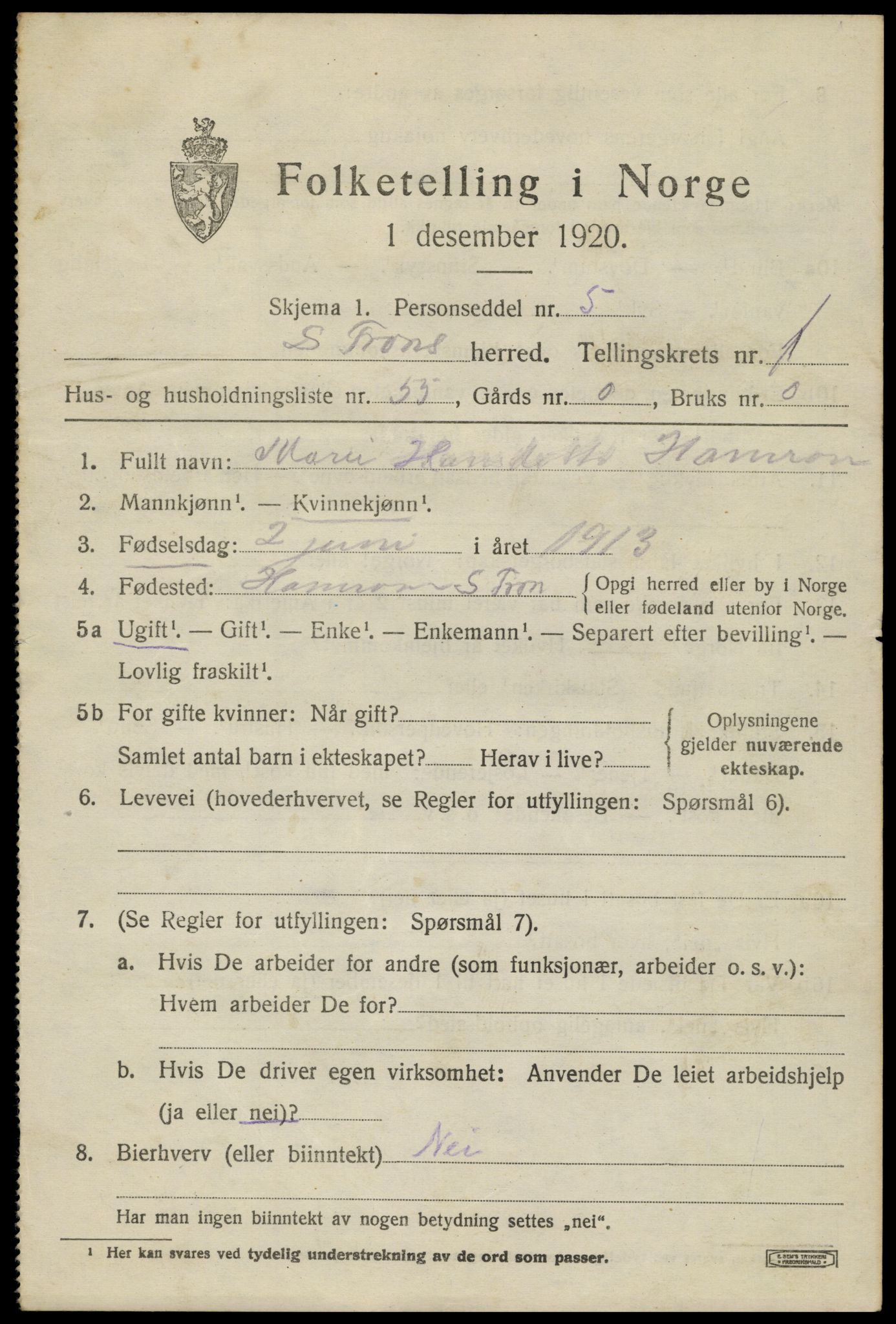 SAH, 1920 census for Sør-Fron, 1920, p. 1899